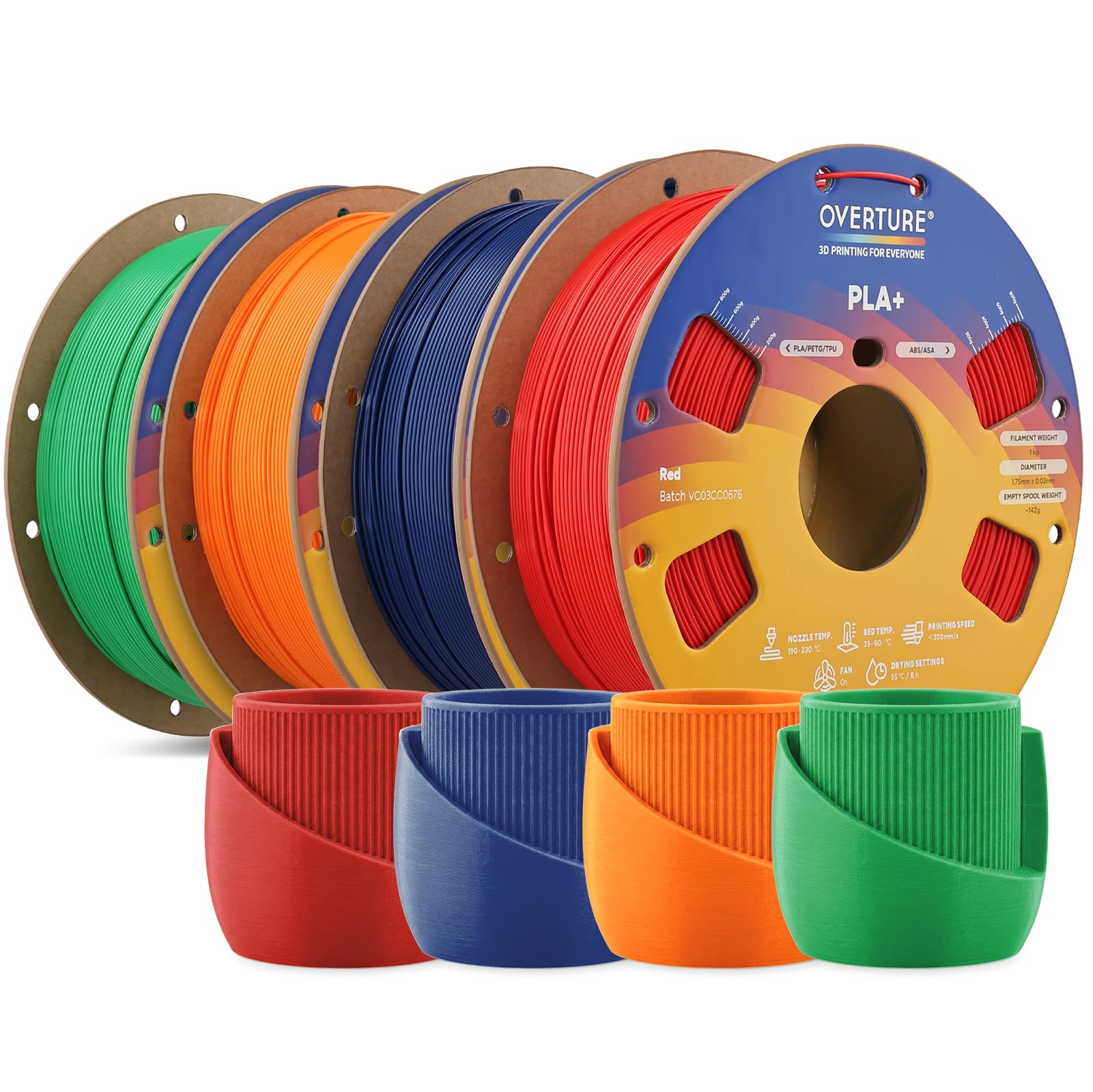 OVERTURE PLA+ szpula filamentu, 1 kg, 1,75 mm, czerwony, 1 + niebieski x 1 + pomarańczowy x 1 + zielony x 1 x 4 kg