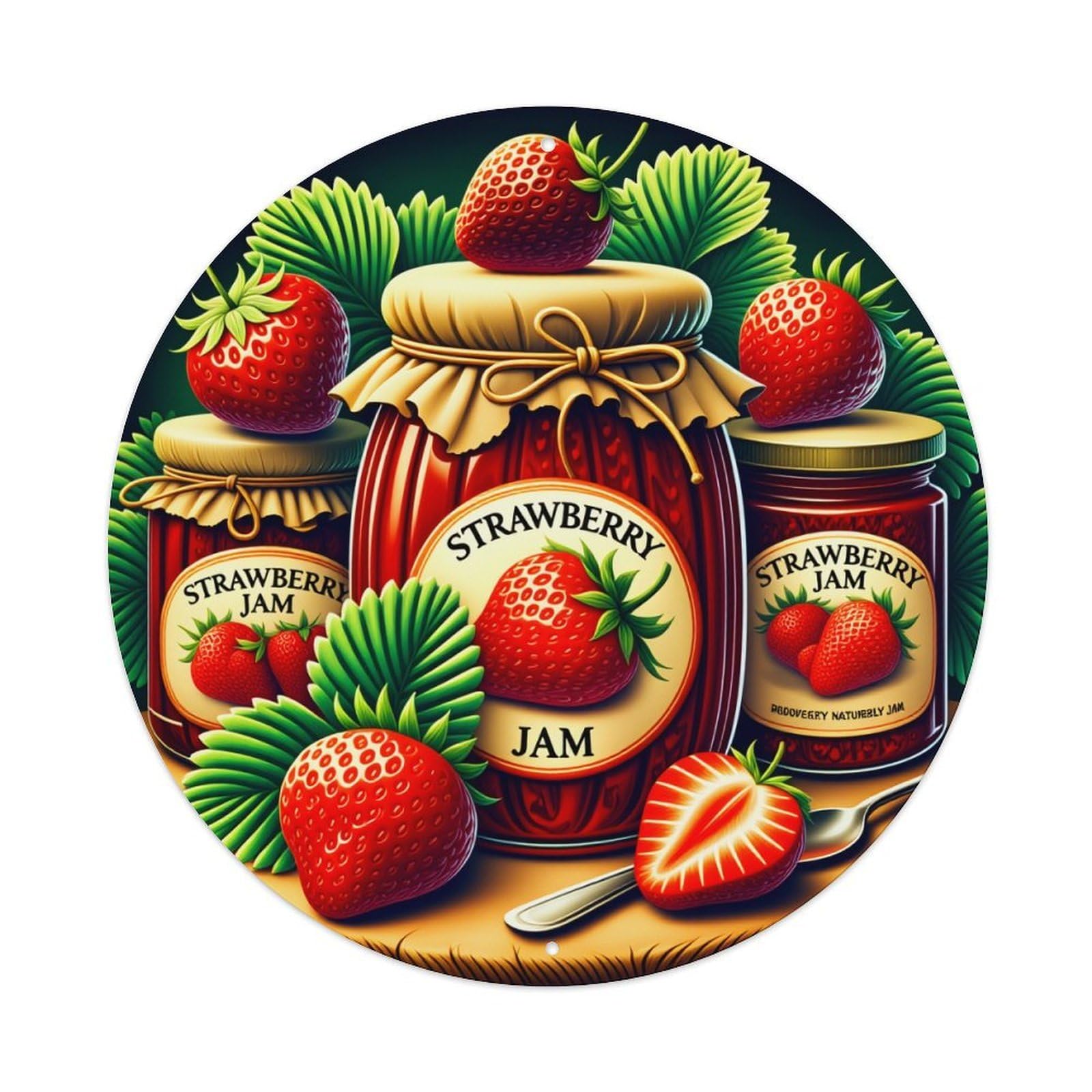 Strawberry Jam Jar With Fresh Berries And Green Leaves Round Vintage Tin Sign,Retro Wall Art,Metal Poster for Home, Bar, Garage, Cafe, Rustic Indoor & Outdoor Decor, 8x8 Inches