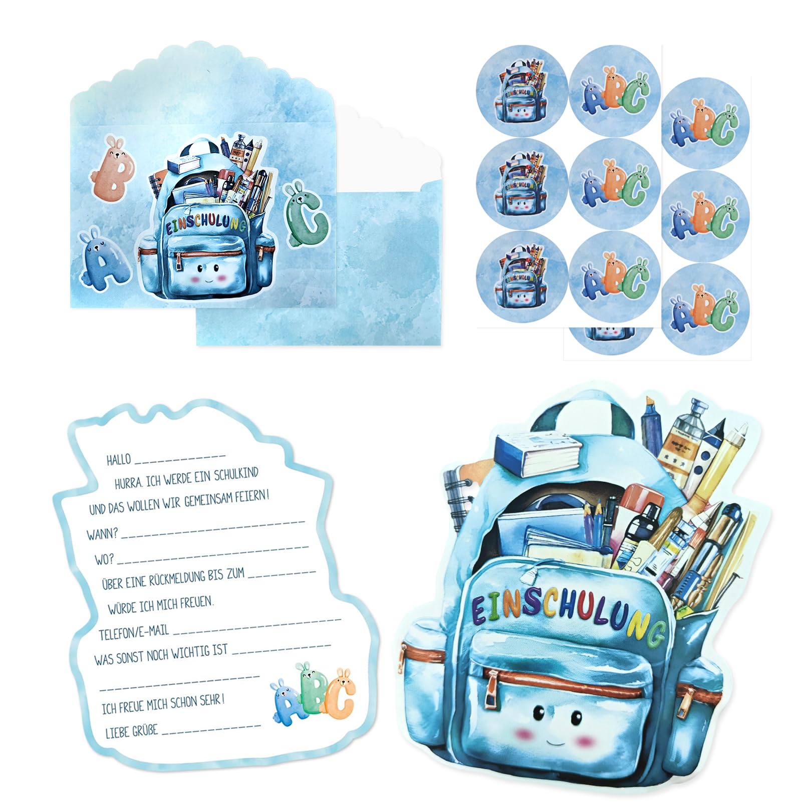 12 x Einschulung Einladungskarten Junge Blau,Einschulung Karten mit Umschlägen Aufkleber,Einladung Skarte im süßem Schultaschen-Design,Einladung einschulungs,Schulanfang Einladungen für Junge Mädchen