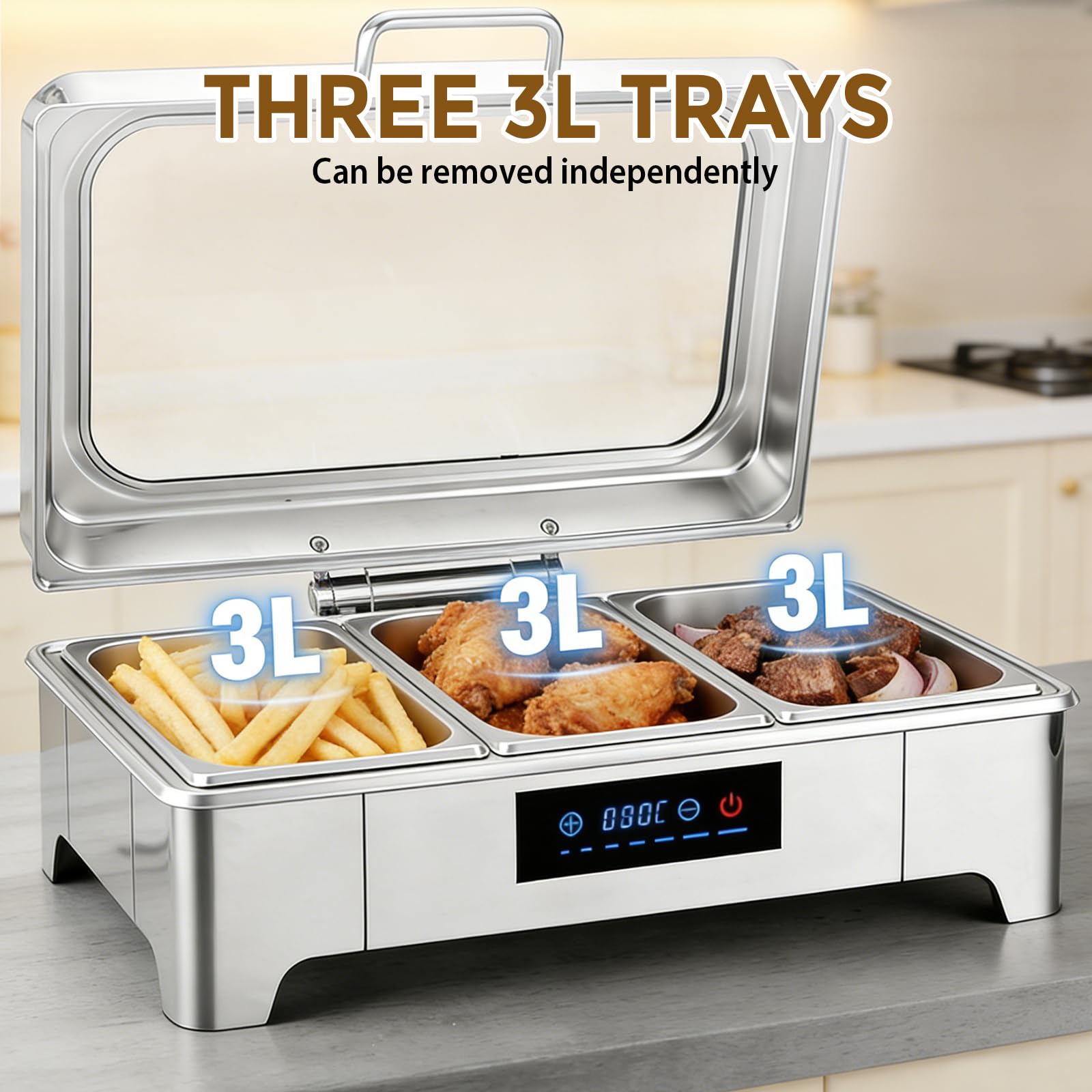 LIROPAU Pasto Chafing Dish, scaldavivande in acciaio inox da 9 l, con coperchio in vetro visibile, 3 contenitori in acciaio inox per feste, matrimoni, buffet e feste (3 set da 1/3 + 1/3 + 1/3 GN)