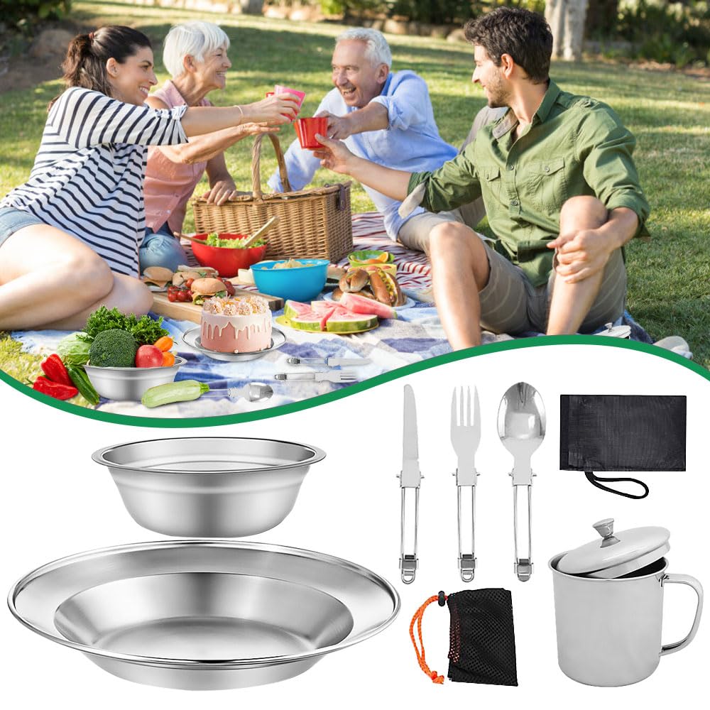 Gavetta Scout, Gavetta Campeggio 1 Persona, Set Posate Campeggio Inox con Piatti Ciotole Tazze Forchette Cucchiai Coltelli, Kit Campeggio Piatti e Posate per Campeggio Trekking