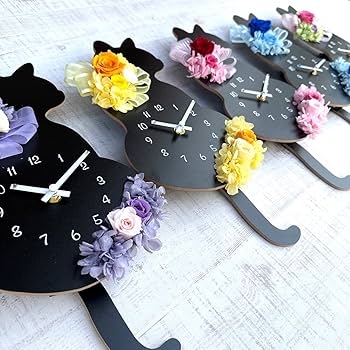 オーダー受付　猫　お花のヘリコプター　限定レアパネル　4/8 クロネコ 花時計 選べる6カラー プリザーブドフラワー 壁掛け 時計