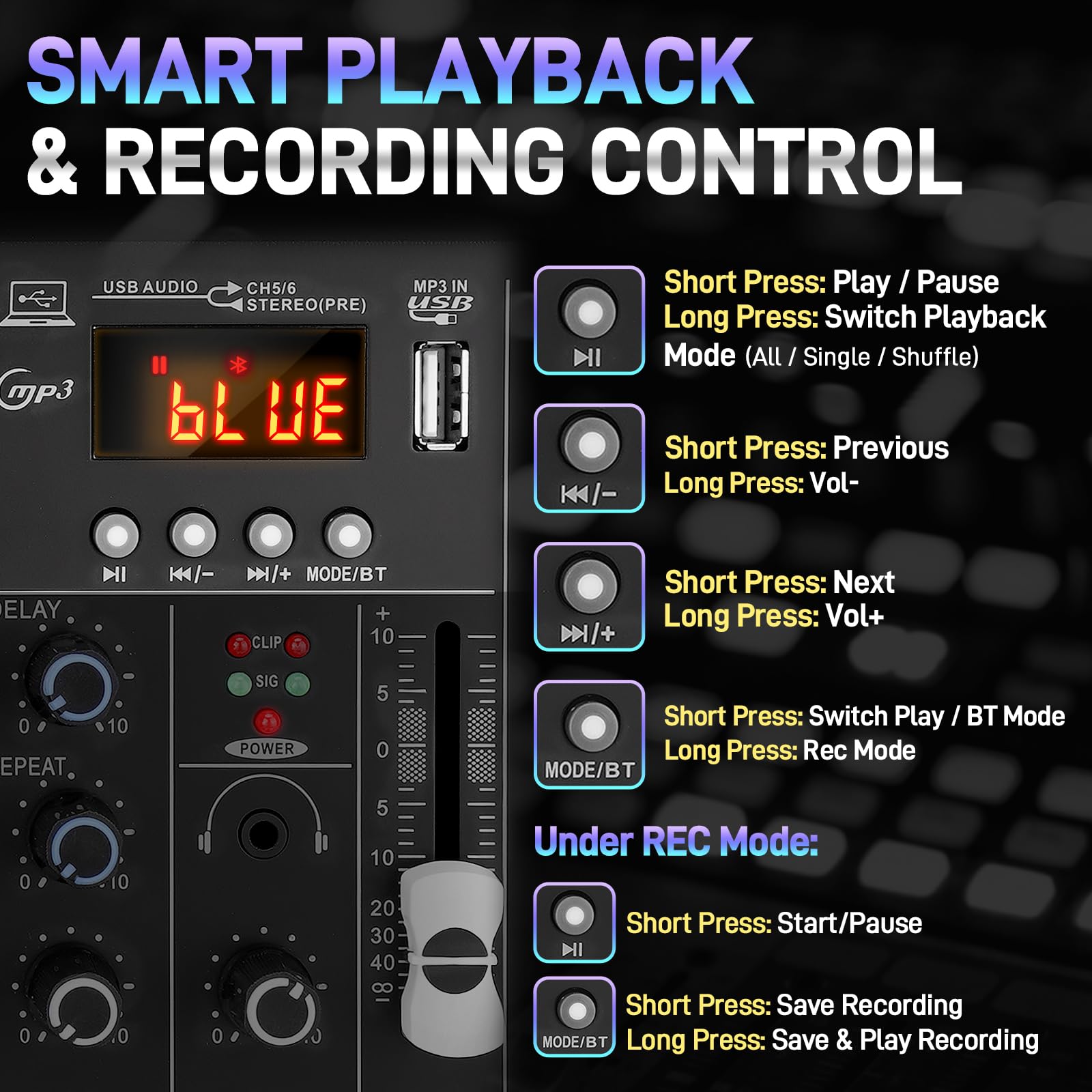 Mixer audio DJ a 6 canali con Bluetooth, scheda audio USB/MP3, effetti DSP integrati e alimentazione phantom 48V, console di mixaggio compatta per karaoke, podcast, live streaming e registrazione in