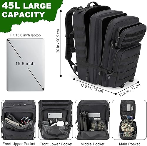 Miniatura 2 de Mochila táctica militar militar de 45 L, resistente al agua, paquete MOLLE EDC, bolsa grande de 3 días para hombres y mujeres, equipo duradero al