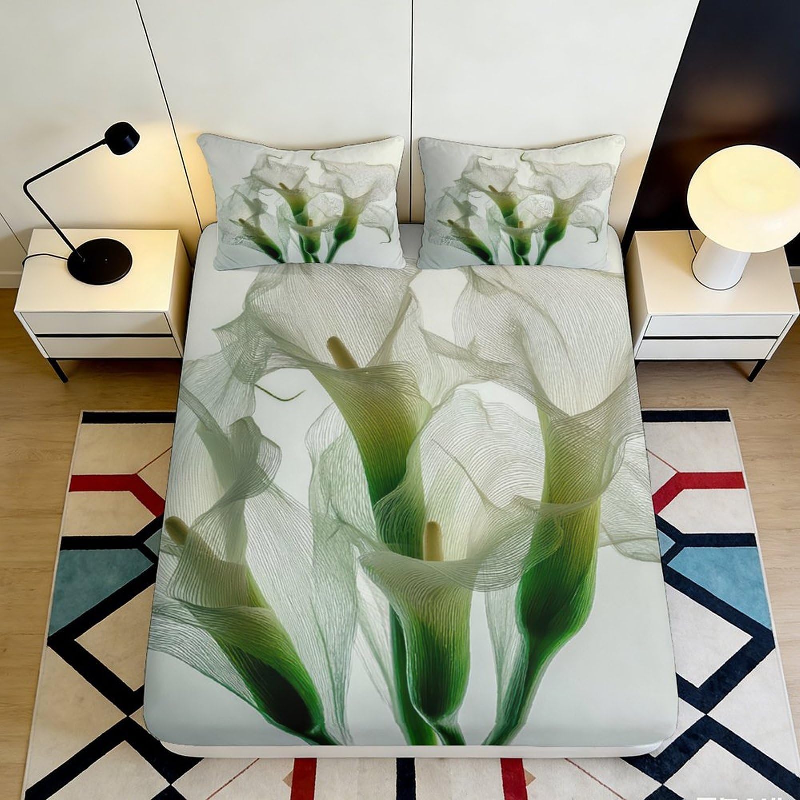 3D Printed Calla Lily Fitted Sheet Microfiber Soft Breathable Floral Mattress Cover for Bedroom Dormitory Guest Room Protection Decor 180x200x25cm