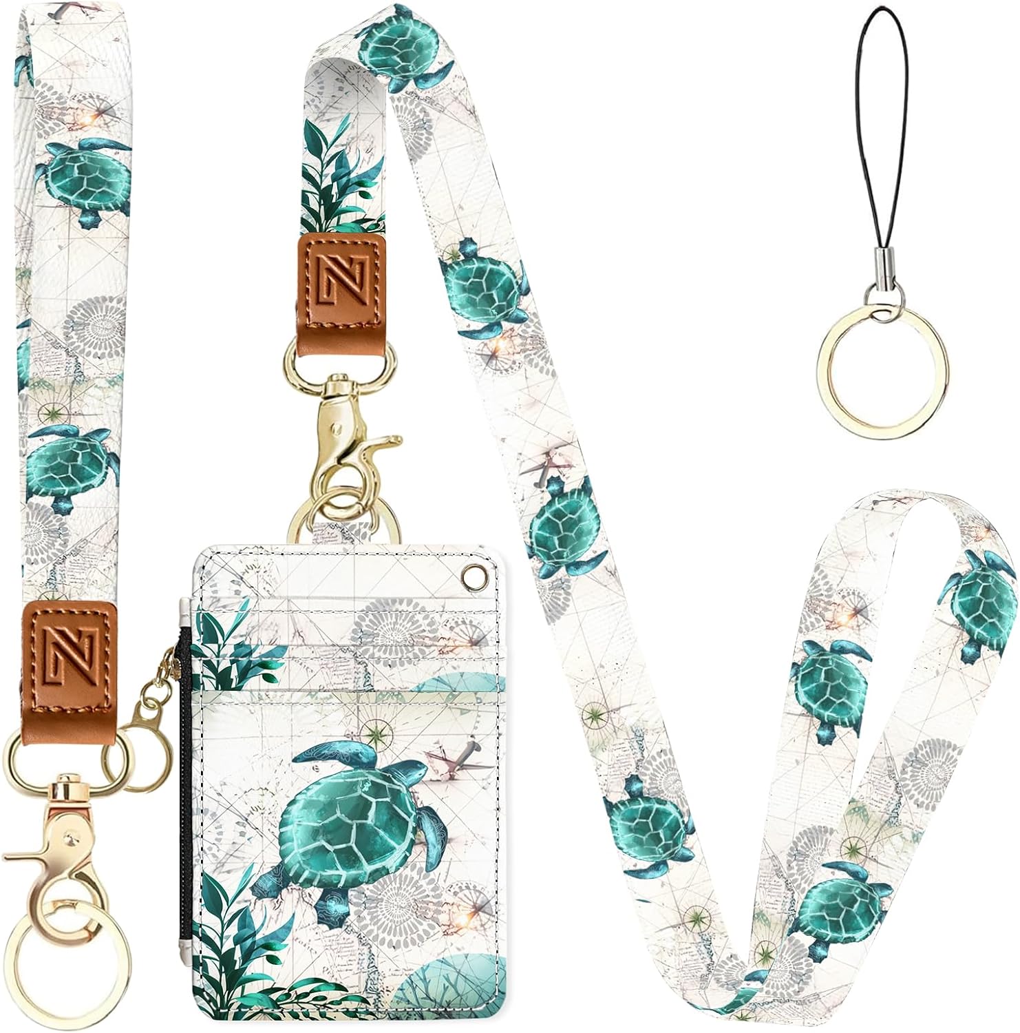 Sea Turtle 2-in-1 ID Badge Holder & Lanyard Wallet for Teachers,Nurse,Professionals-Cute Zippered Coin Pouch,Removable Wristlet & Neck Lanyard,5 Card Slots Stylish Work Essential 2