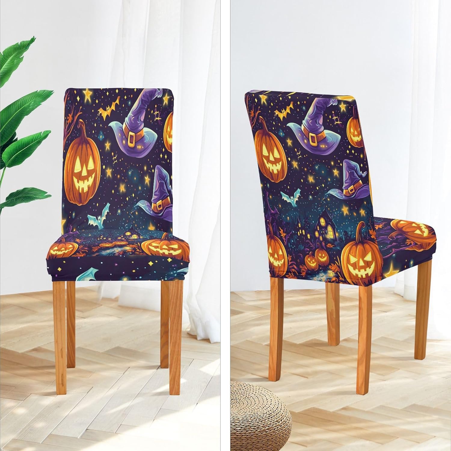 ALAZA Chair Covers for Dining Room, Pumpkin Magic Hat Stretch Chair Cover Sets Chair Protector Removable Washable for Ktichen Restaurant Hotel