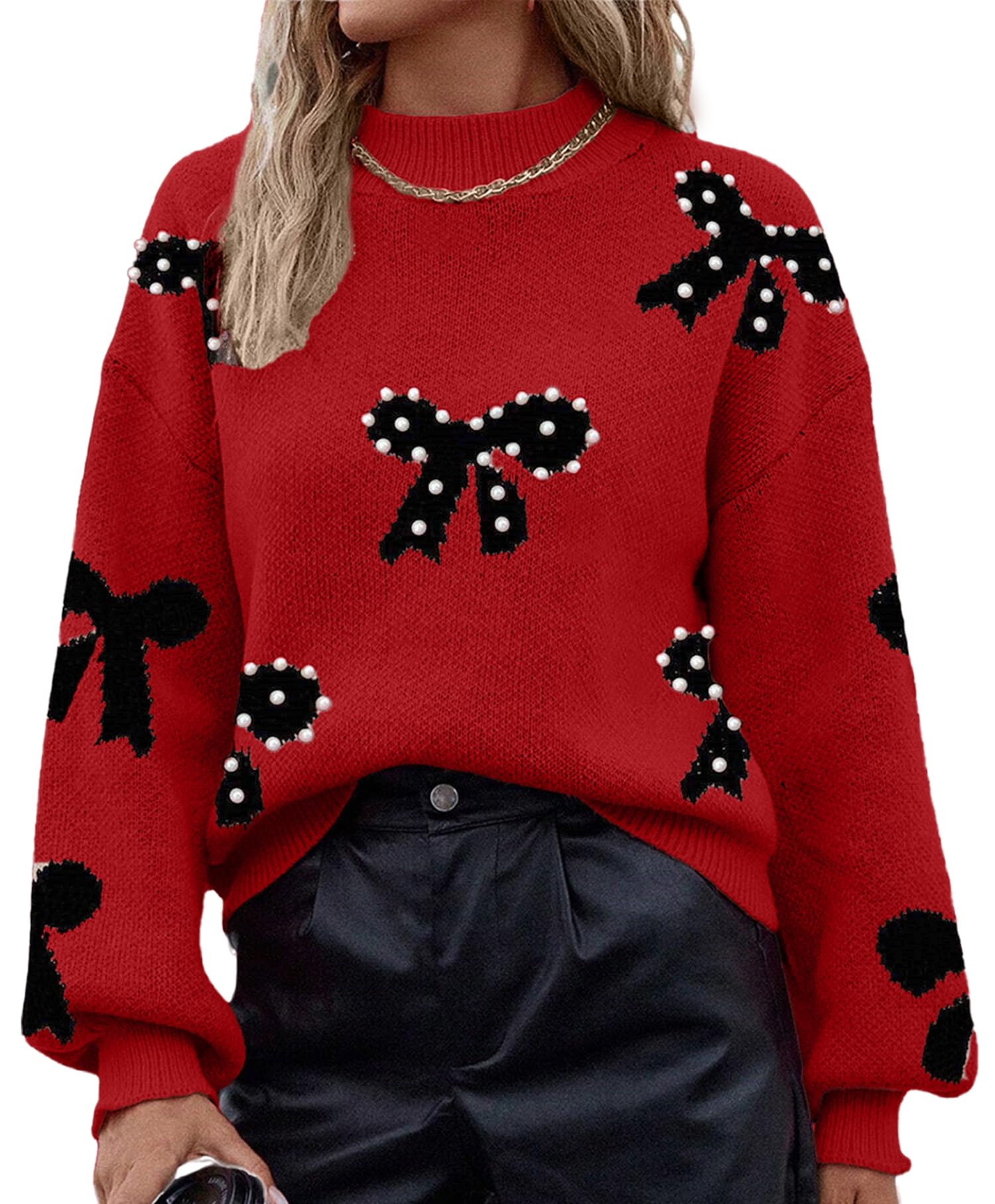 Apvirdy Knitted Sweaters for Women Pearl Embellished Bow Pattern Sweater Lantern Sleeve Crewneck Pullover Knit Tops