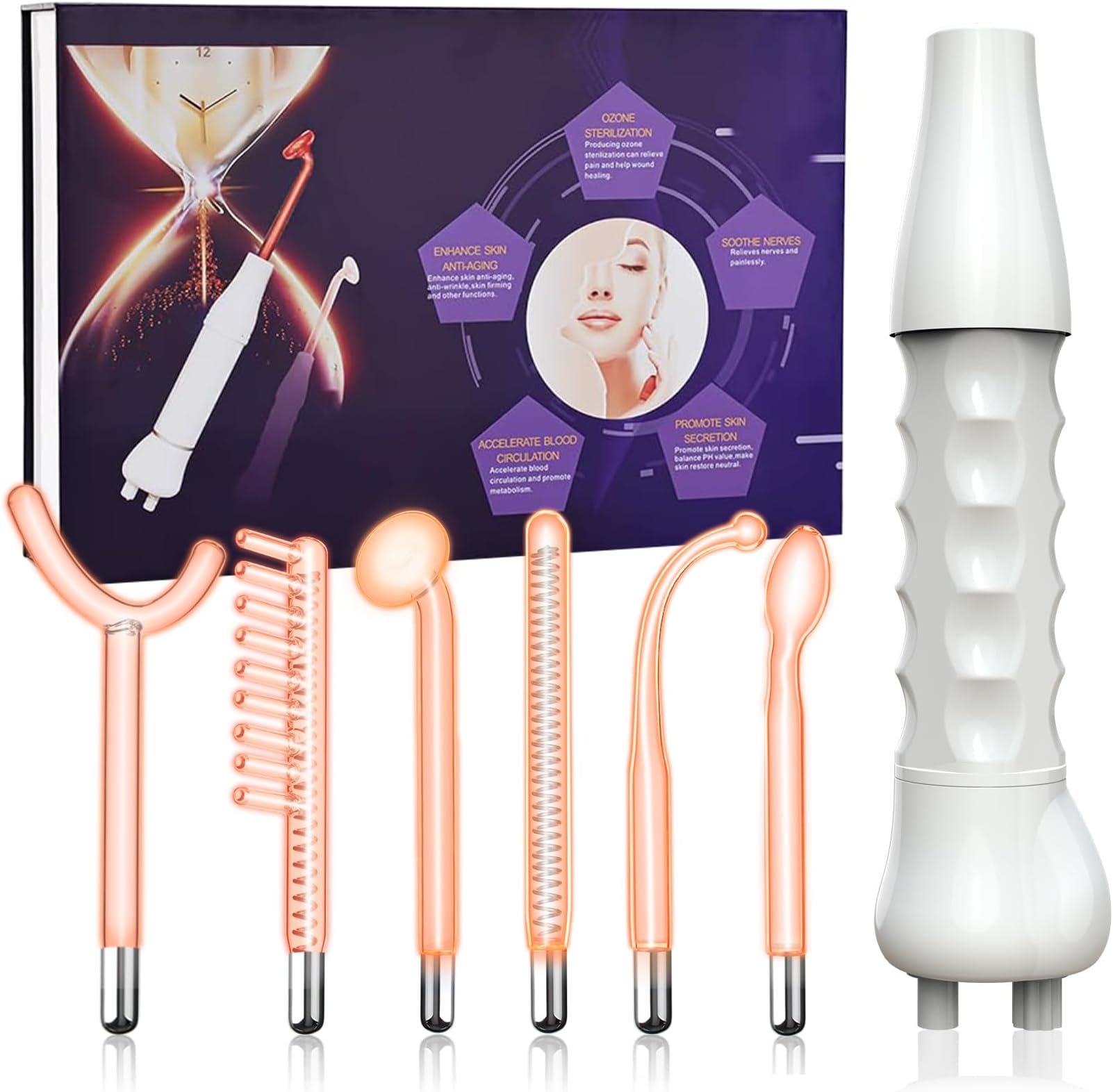 High Frequency Facial Machine 7 Pcs Portable Handheld Electrode Wand Glass Tube Skin Therapy Machine with 7 Neon Gas Wands - Acne Treatment - Skin Tightening - Wrinkle Reducing.