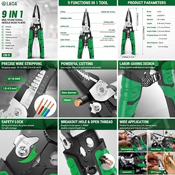 LAOA 9-in-1 Electrician Pliers, Wire Stripper Tool with Cable Cutter & Crimper, Needle Nose Pliers for Electrical Wiring, Multi-Function Electrical Hand Tool