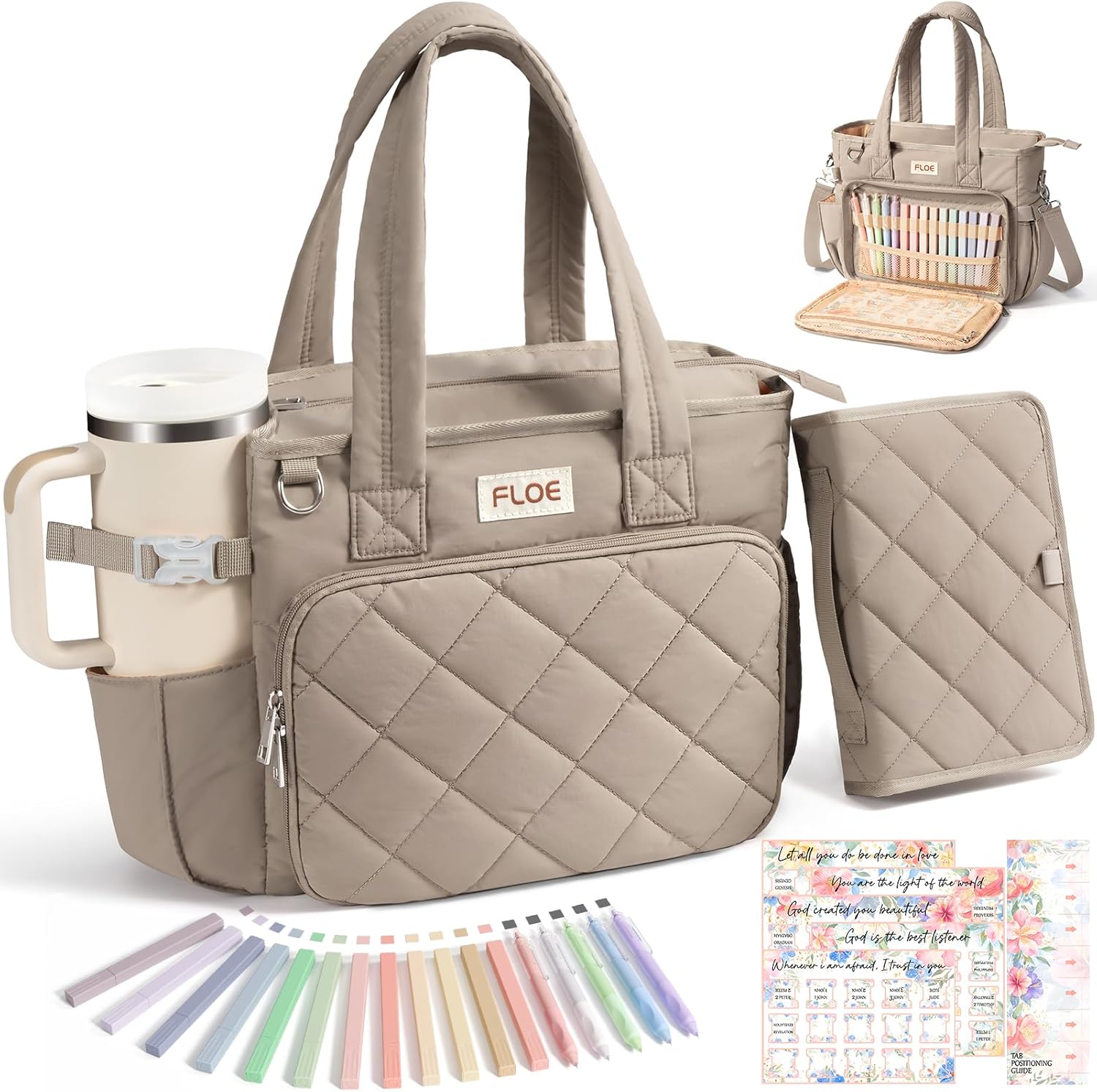 Large Bible Bag w/Bible Cover Case for Women, Puffer Bible Tote Bag Quilted Church Bag Book Carrying Case w/Shoulder Strap, Bible Study Supplies Journaling Kit Accessories Women Christian Easter Gift