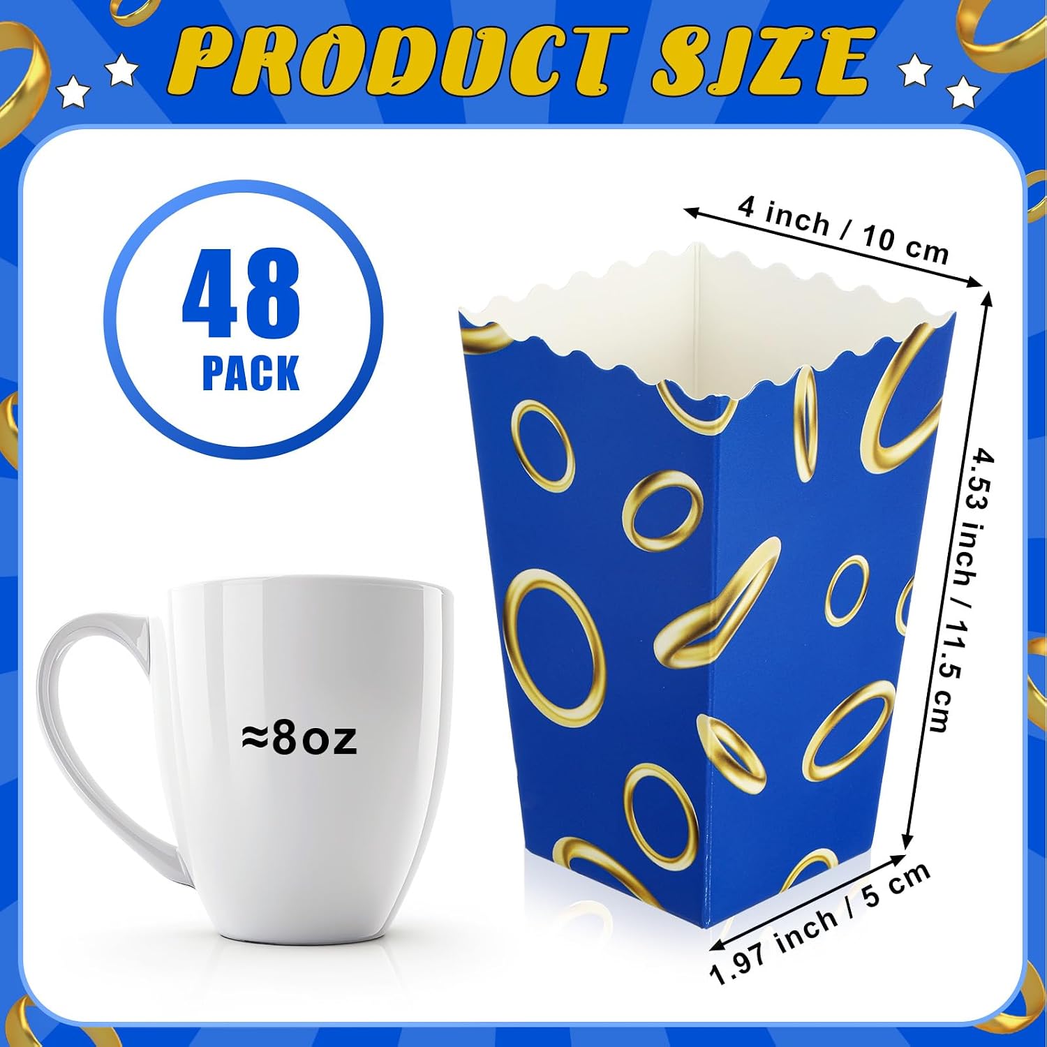 Honoson 48 Pcs Navy Blue Popcorn Boxes with Gold Ring Design Cartoon Candy Snack Boxes Paper Popcorn Container for Birthday Wedding Movie Night Party Supplies
