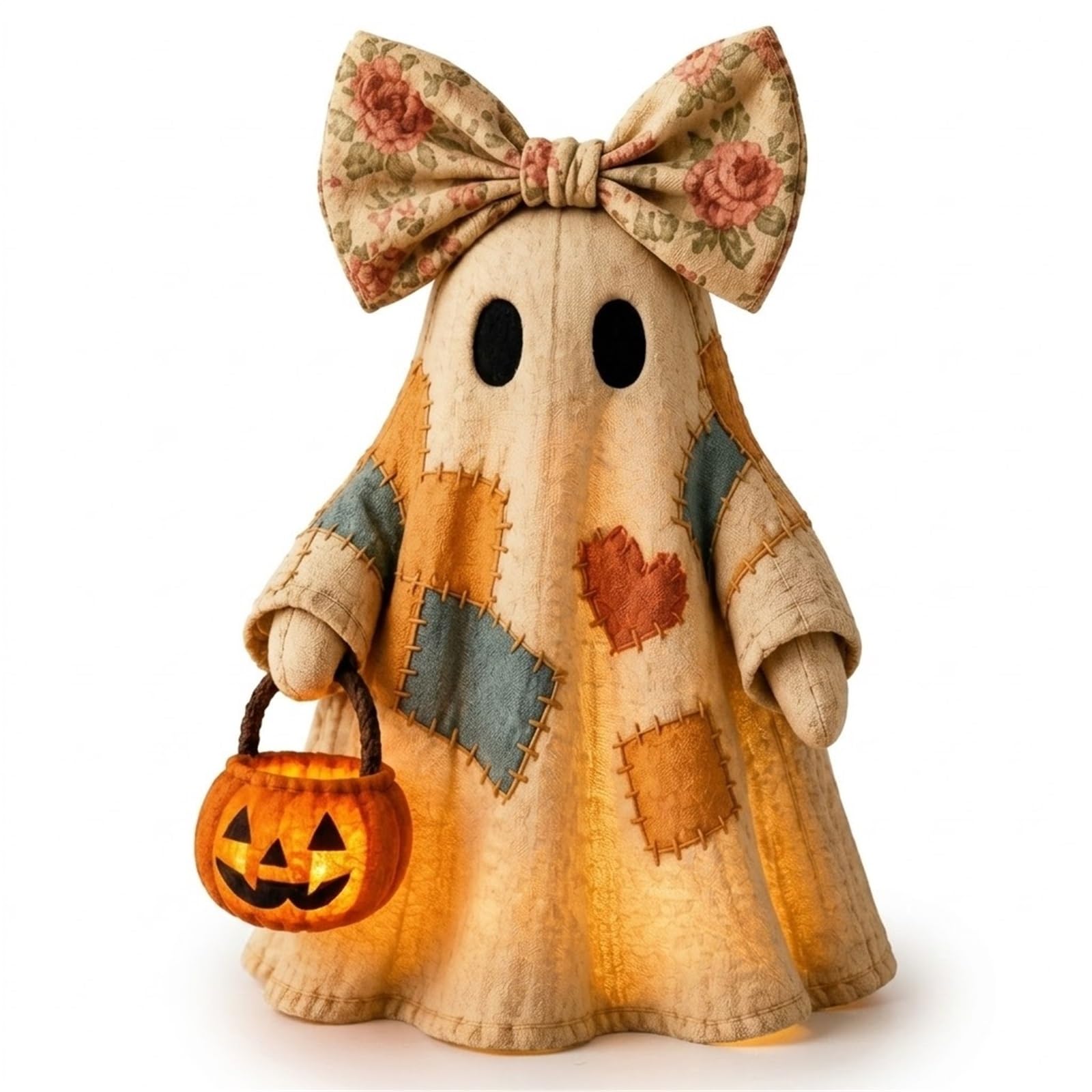 Thuchenyuc One Color Lighted Vintage Patchwork Ghost, Led Light Up Ghost With Pumpkin Lantern,Rustic Fall Figurine Decor For Mantel Shelf Entryway Porch Tabletop