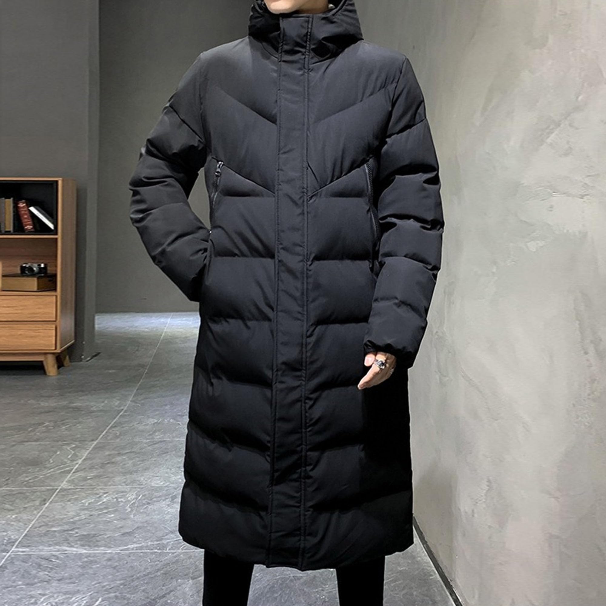 Uomo Casual Lungo Spessa Caldo Streetwear Giù Cappotto Lungo Con Cappuccio Collo Di Pelliccia Piumino Uomo Piumini