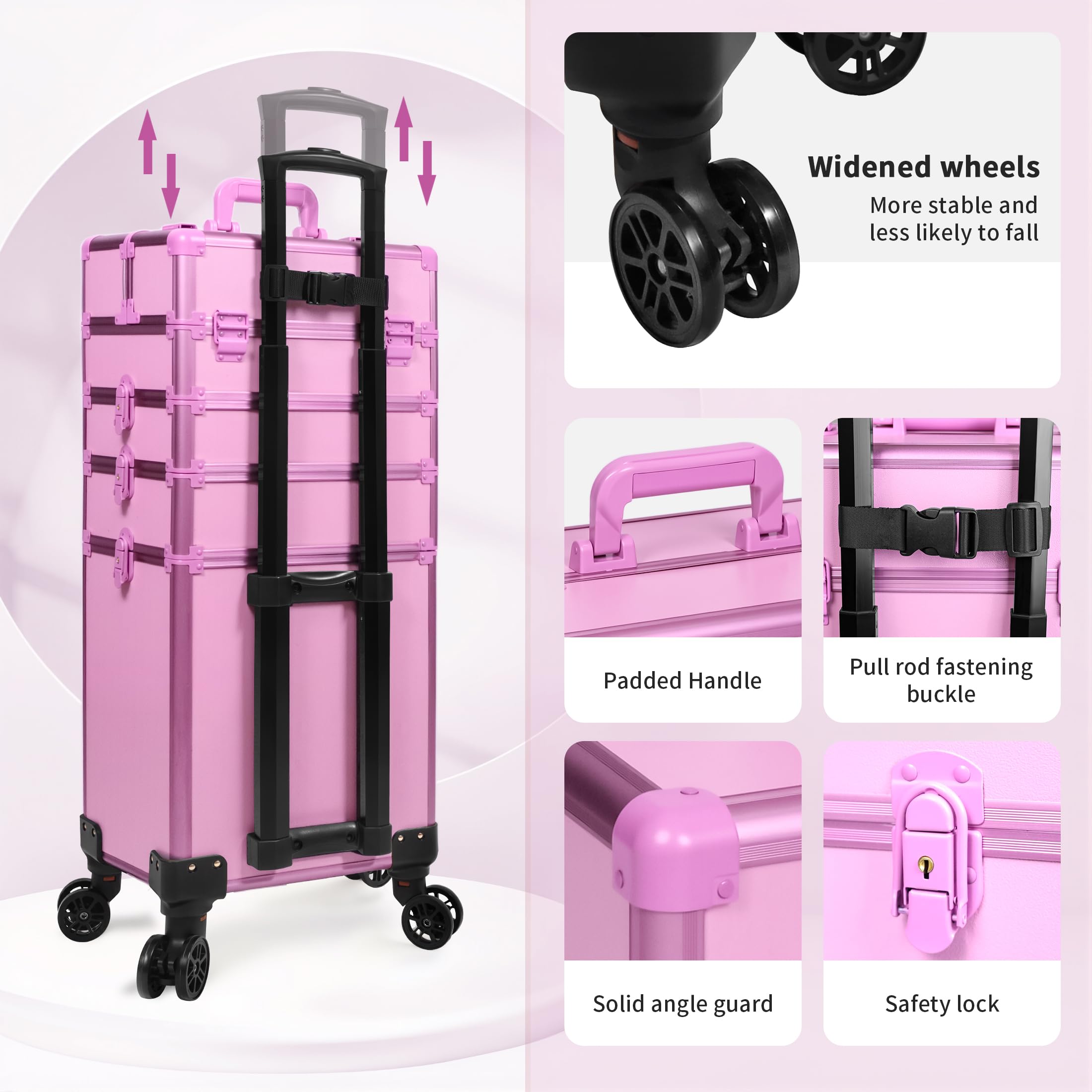 JINGUAN Profesional Rolling Makeup Train Case with Lid, 5 in 1 Cosmetology Case on Wheels, Large Cosmetic Trolley Organizer Travel for Hairstylist Artist Nail Beauty Salon Barber, Gravel Purple