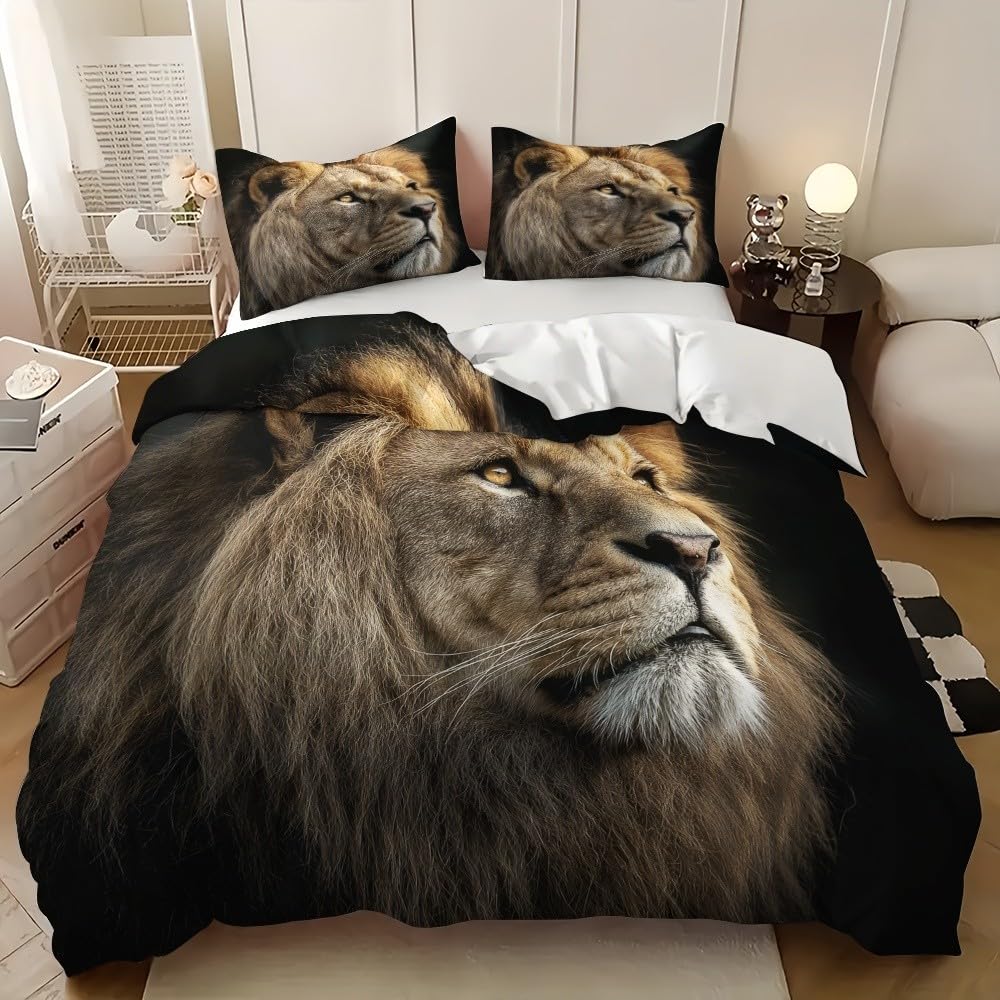Housse de couette 260x240 lion parure de lit 3D microfibre brun 2 personnes
