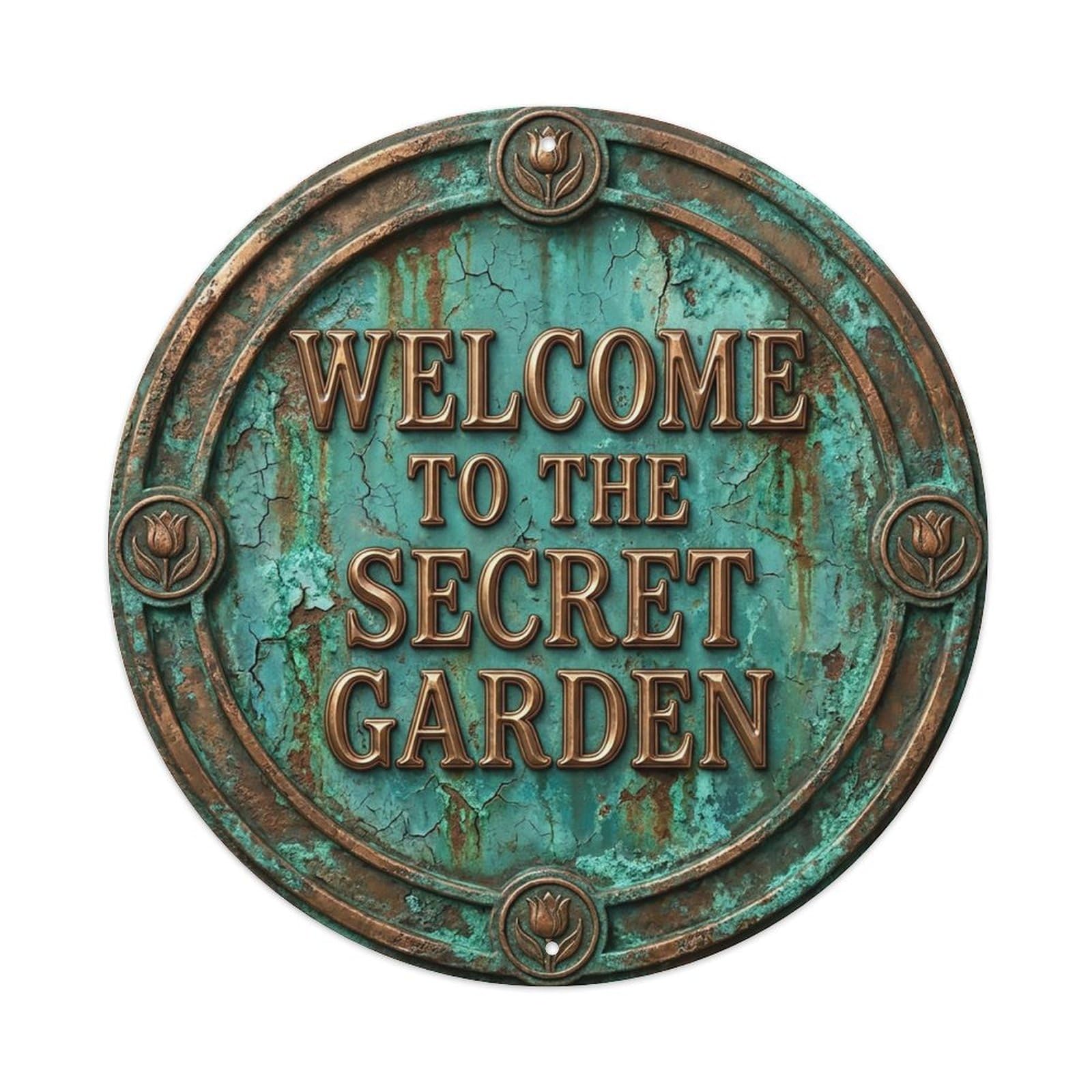 Vintage Welcome Secret Garden Ornate Corroded Metal Tin Sign