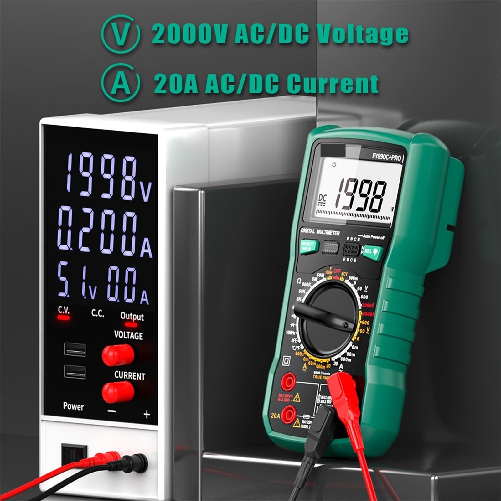 Multimetro Digitale, Multimetro digitale 6000 conteggi AC/DC 2000V/20A Vero RMS Tester di temperatura for elettricisti Fotovoltaico Minerario