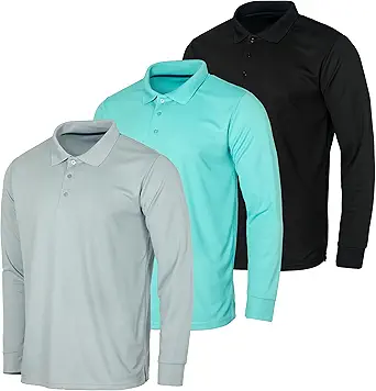 3 Pack Men's Dry-Fit Long-Sleeve Active Polo Shirt - Casual Performance Golf Quick Dry (Available in Big & Tall)