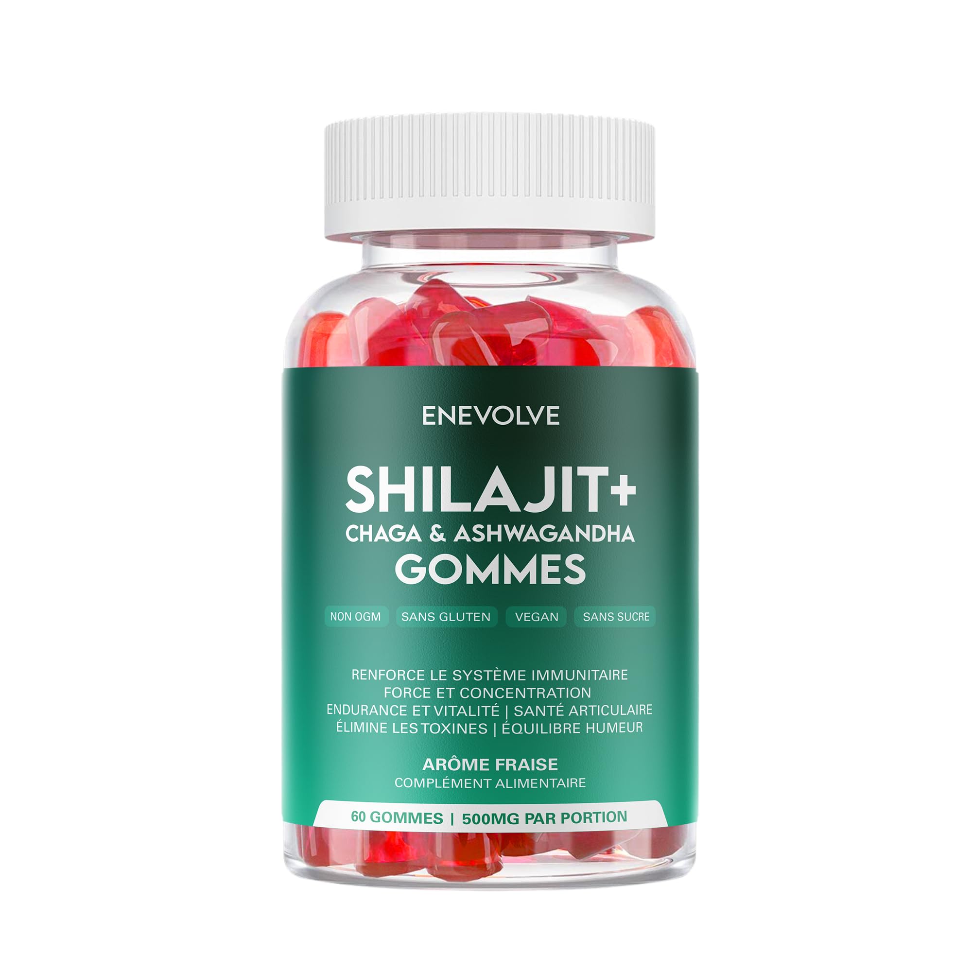 Shilajit Gommes 500mg - Haute concentration - Sans sucre - Saveur fraise - Ashwagandha et Chaga Mushroom - Végétalien et Sans Gluten - Stimulation de l'énergie - Concentration et Équilibre
