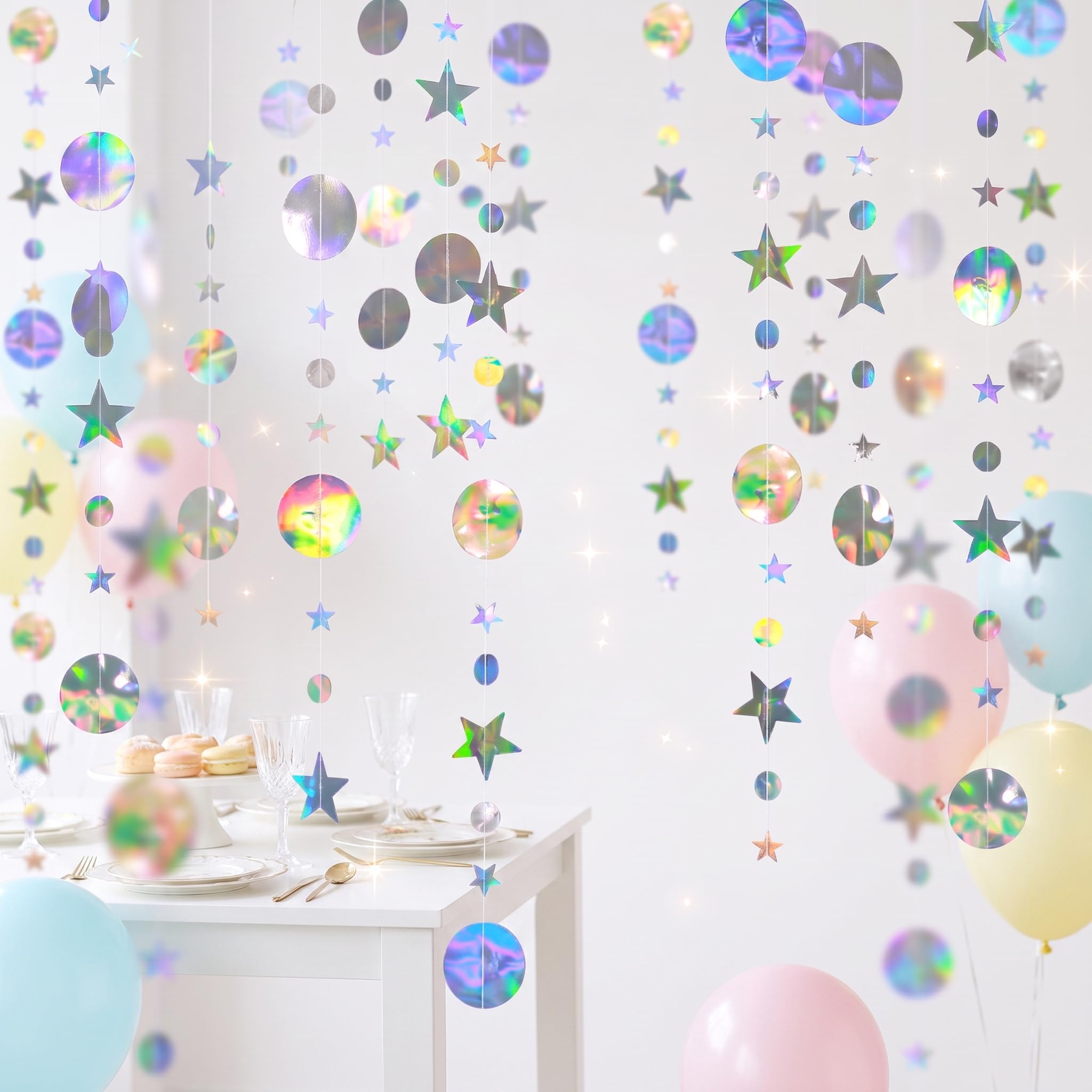 (65 Ft/5 Pack) Holographic Star Round Paper Garland, Sparkling Star Round Iridescent Hanging Decoration for Birthday Holiday Wedding Anniversary Theme Party Supplies