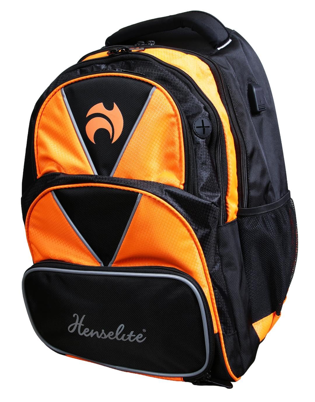 Henselite Lawn Bowls Backpack, Polyester, Holds Four Bowls, 5 Zipped Compartments, Built-in USB Charging Port, 40x37x40cm (Black & Orange)