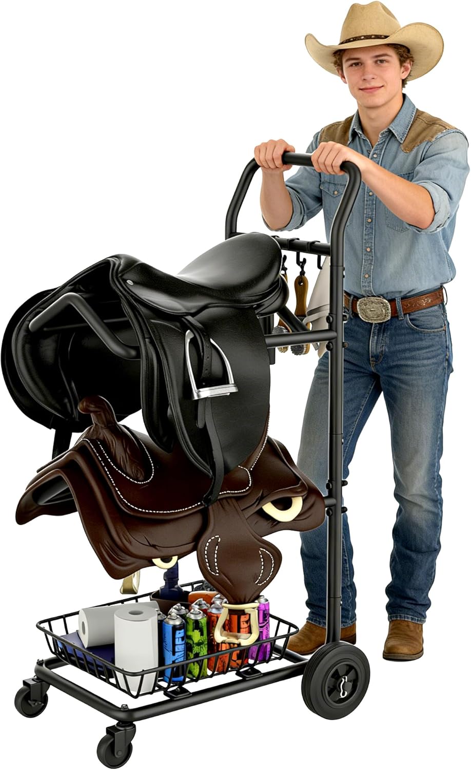 Saddle Rack,2-Tier Saddle Rack Stand with Locking Wheels for Horse Saddles & Tack,Mobile Platform with Convenient Tool Storage Basket for Stable