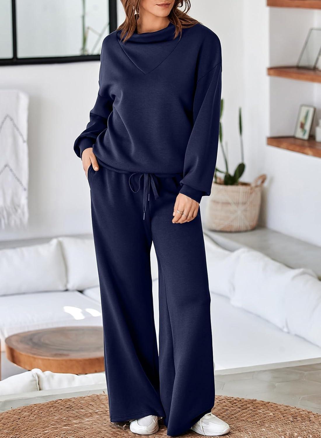 Aleumdr Women's 2 Piece Outfits Lounge Set Mock Neck Long Sleeve Sweatshirt With Wide Leg Pants Sweatsuit Fall 2025 - Image 2