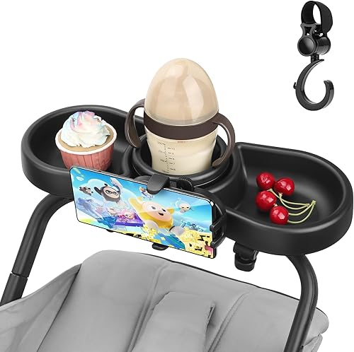 Bandeja universal para refrigerios para cochecito, 4 en 1 con soporte para teléfono con tazas para cochecito de bebé, rotación de 360, bandeja