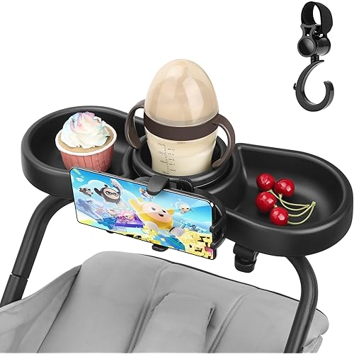 Universal Stroller Snack Tray, 4 in 1 Stroller Tray Attachment with Cups Phone Holder for Baby Toddler Stroller, 360° Rotation Universal Stroller Tray Compatible with Uppababy, Baby Jogger, etc
