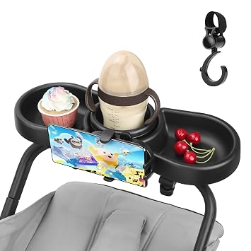 Universal Stroller Snack Tray, 4 in 1 Baby Stroller Tray Attachment | with Cups Phone Holder for Toddler Stroller, 360 Rotation Universal Stroller Tray Compatible with Uppababy, Baby Jogger, etc