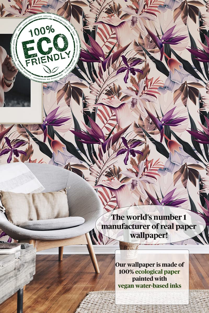W4B Papel pintado Tropical Papel ecológico (sin disolvente) Fácil de poner y quitar. 8 hojas de 70 x 100 cm (5,5 m²). Casa, decoración y reestructuración. Fabricado en Italia.