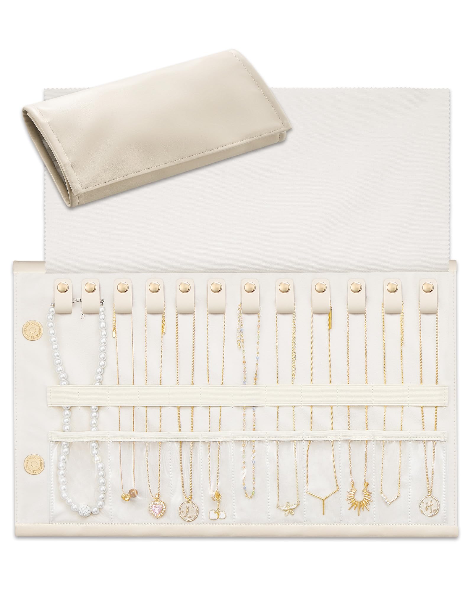 Lolalet Custodia da viaggio per collane, rotolo di gioielli senza grovigli, organizer morbido arrotolabile per gioielli, porta collane pieghevole, design sicuro a 3 punti con tasche trasparenti per - 1