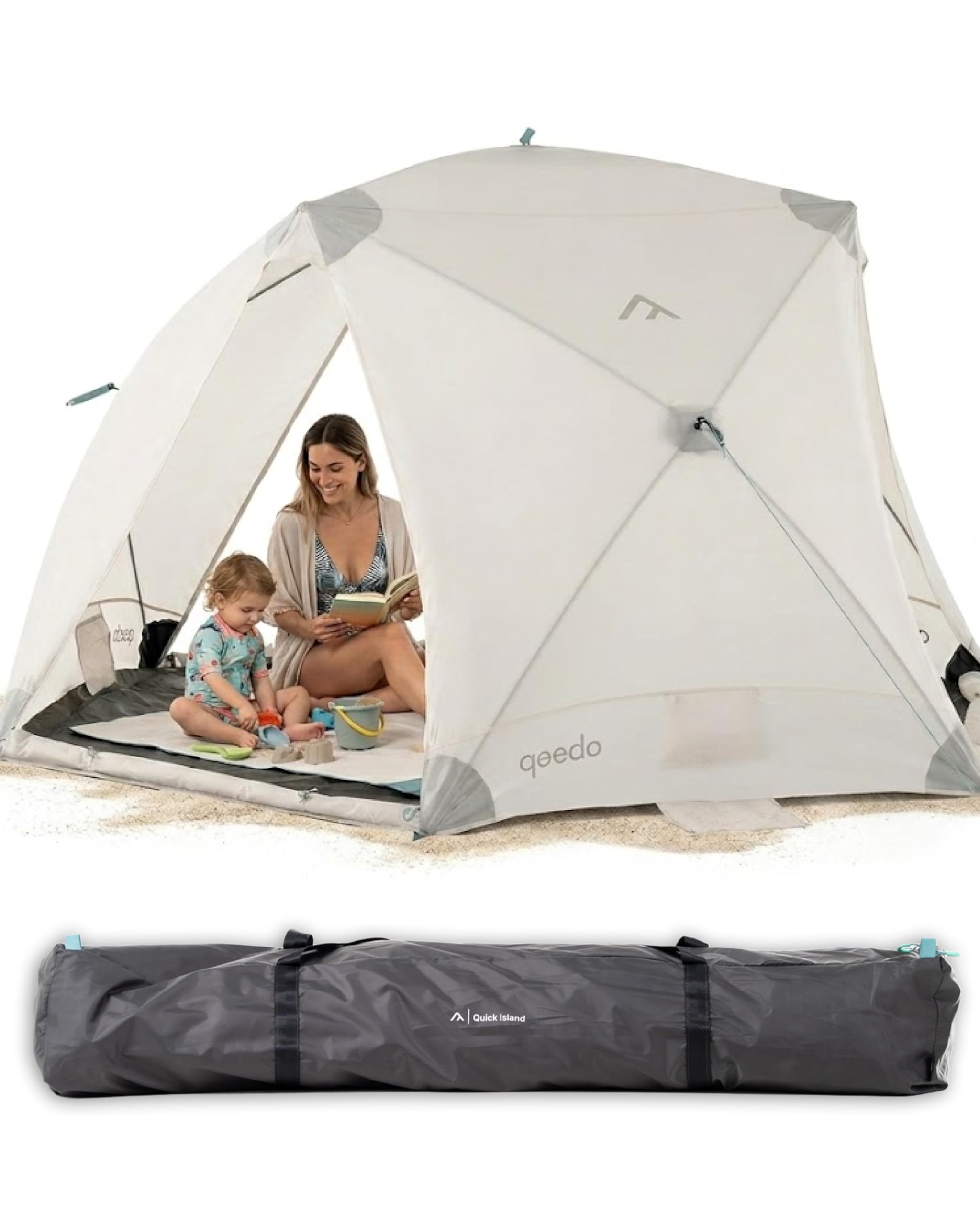 qeedo Quick Island Strandmuschel - große Quick-Up Strandmuschel mit 3 Eingängen, Sichtschutz & Windschutz, inkl. Boden, Sandanker, Heringe und Tragetasche