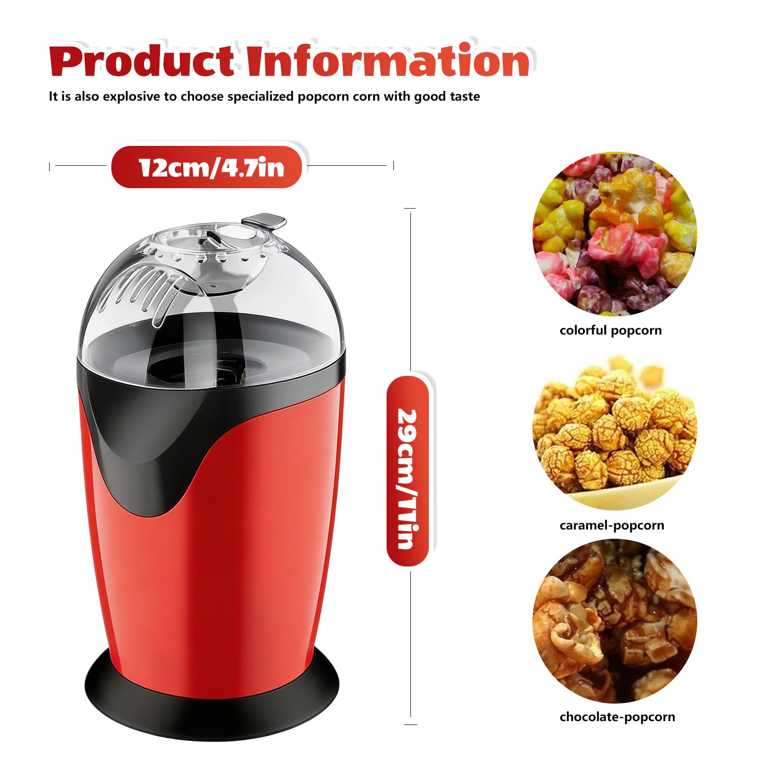 Macchina per popcorn, 1200 W, 2,5 l, per popcorn ad aria calda, senza olio, 3 minuti, popcorn elettrici, per serate di calcio, serate cinema, feste di famiglia e feste
