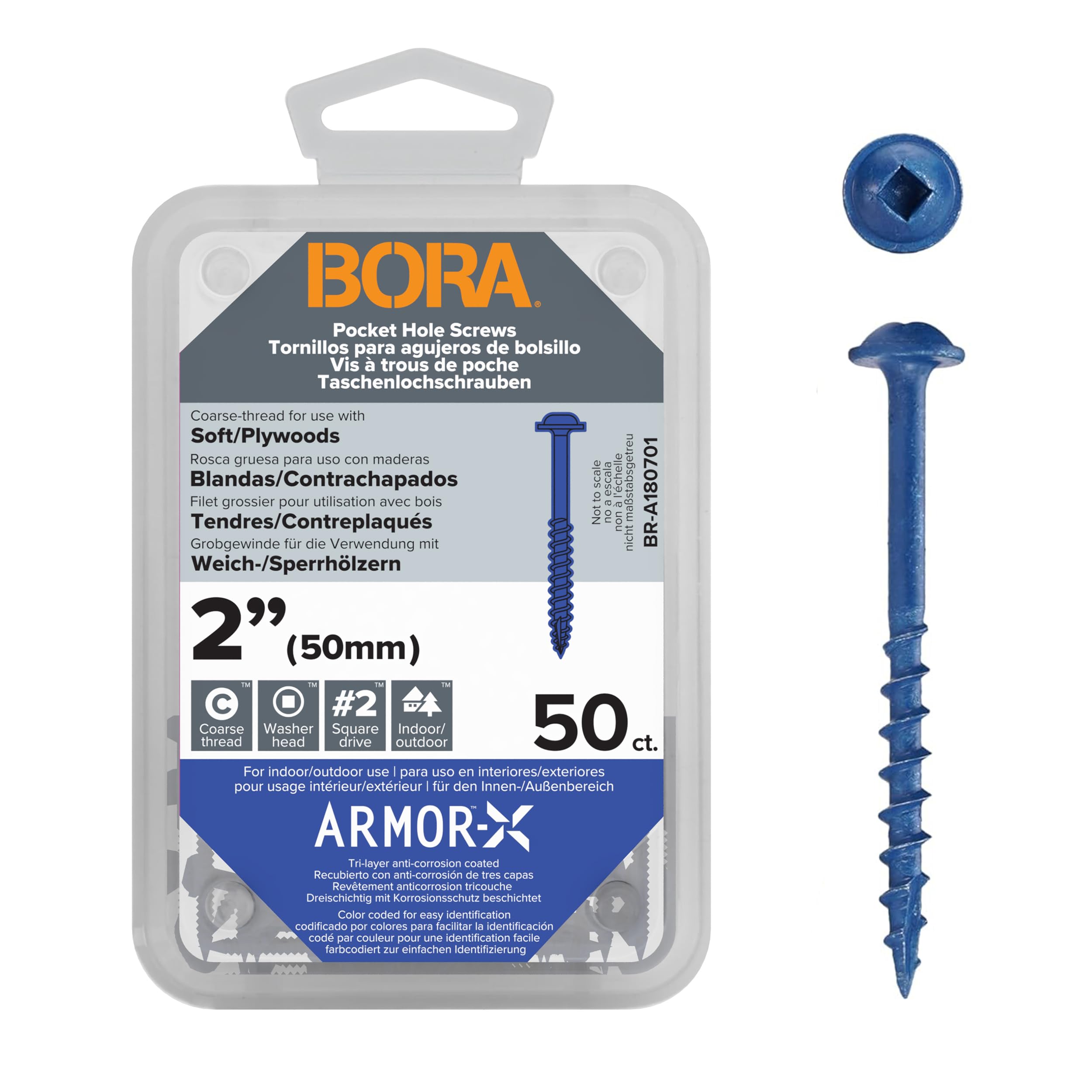 Bora 2"/50mm Coarse Pocket Hole Screws - 50pcs, Coated Steel for Strength & Rust Resistance, Perfect for Pocket Hole Joinery, Cabinetry, Furniture, and Diverse Woodwork Projects,