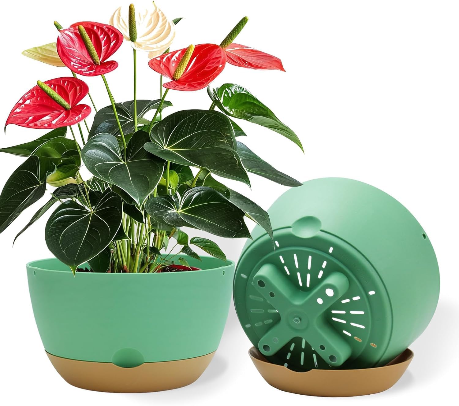 12 Inch Pots for Indoor Plants, Large Self Watering Planters with Drainage and Saucers, Plastic Outdoor Flower Pot, Set of 2, Green