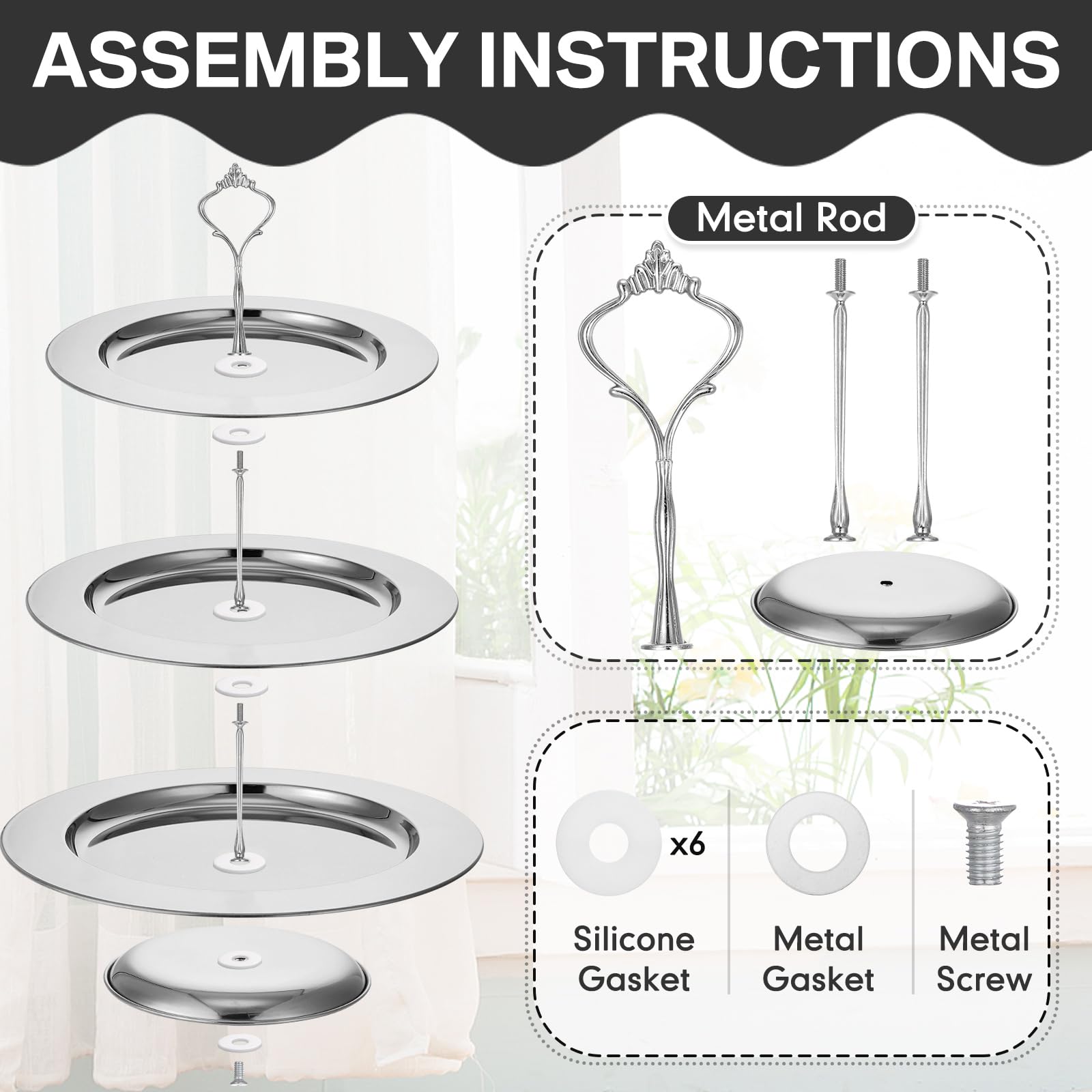 Dandat 2 Pcs 3 Tier Cupcake Stand Stainless Steel Dessert Tower Tray for Tea Party and Fruit Plate Wedding Baby Shower Birthday Party Decoration(Silver)