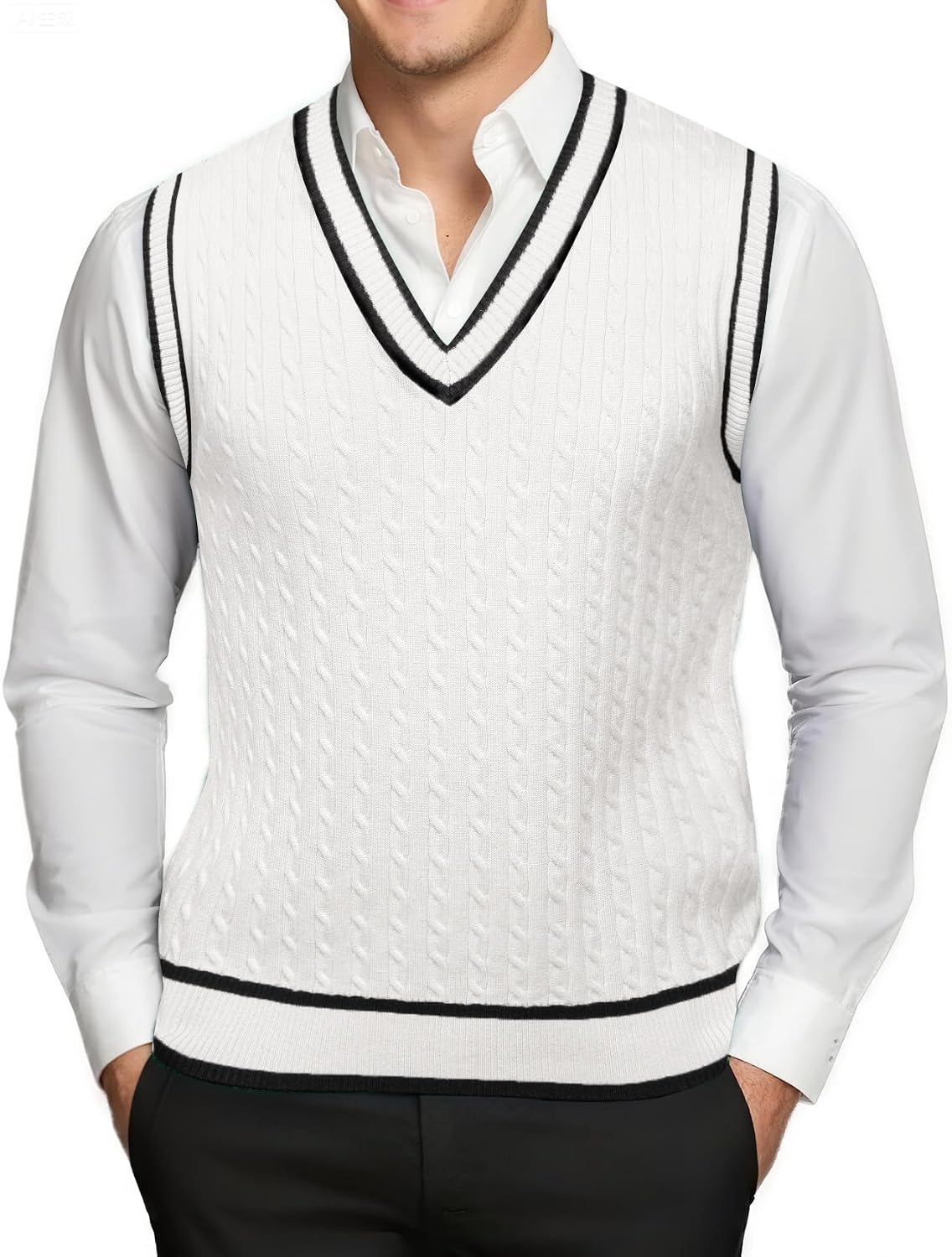 Barry.Wang Mens Sweater Vest Striped Cable Knit Sleeveless V-Neck Slim Fit Casual College Style Pullover Sweaters