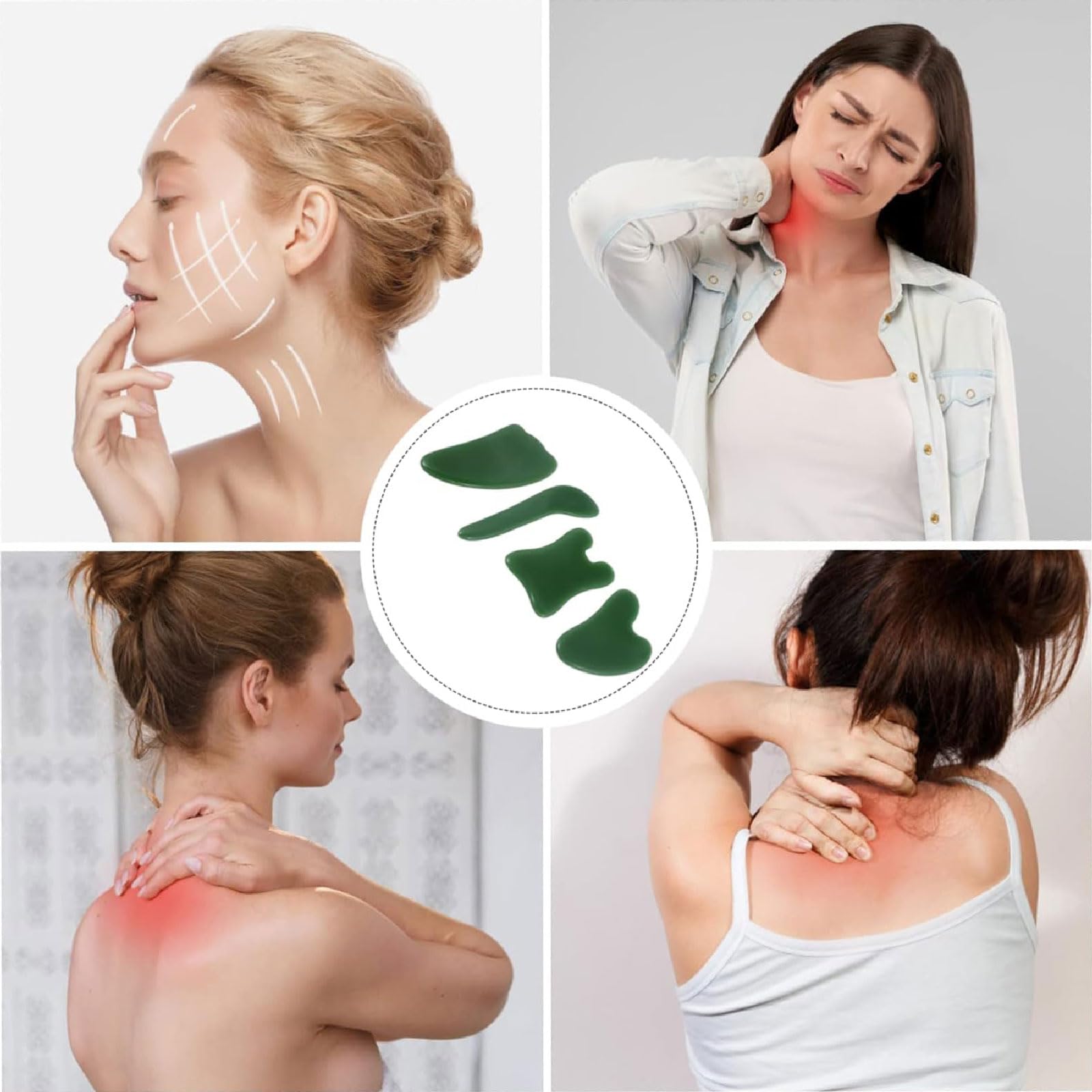 esmen Piedras de Masaje 4 Piezas de Tabla de raspado de Jade, Tabla de raspado de elevación Facial, Placa de raspado para Cara, Ojos, Cuello, Alivia líneas Finas y Arrugas guasha Facia