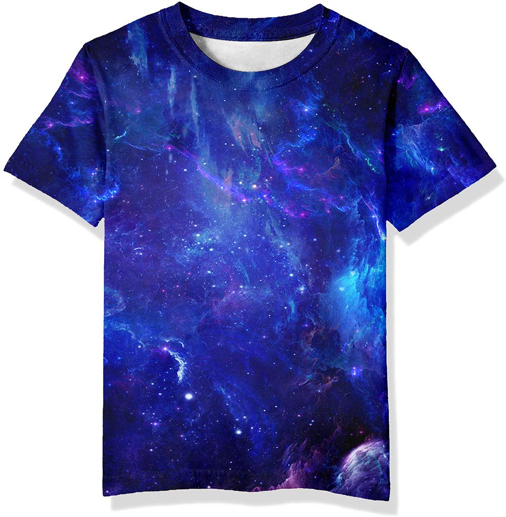 NeemanndyNeemanndy Boys T-Shirts 3D Galaxy Shirt for Girls Blue Graphic Short Sleeve Tee for Kids Size 6-8 Years