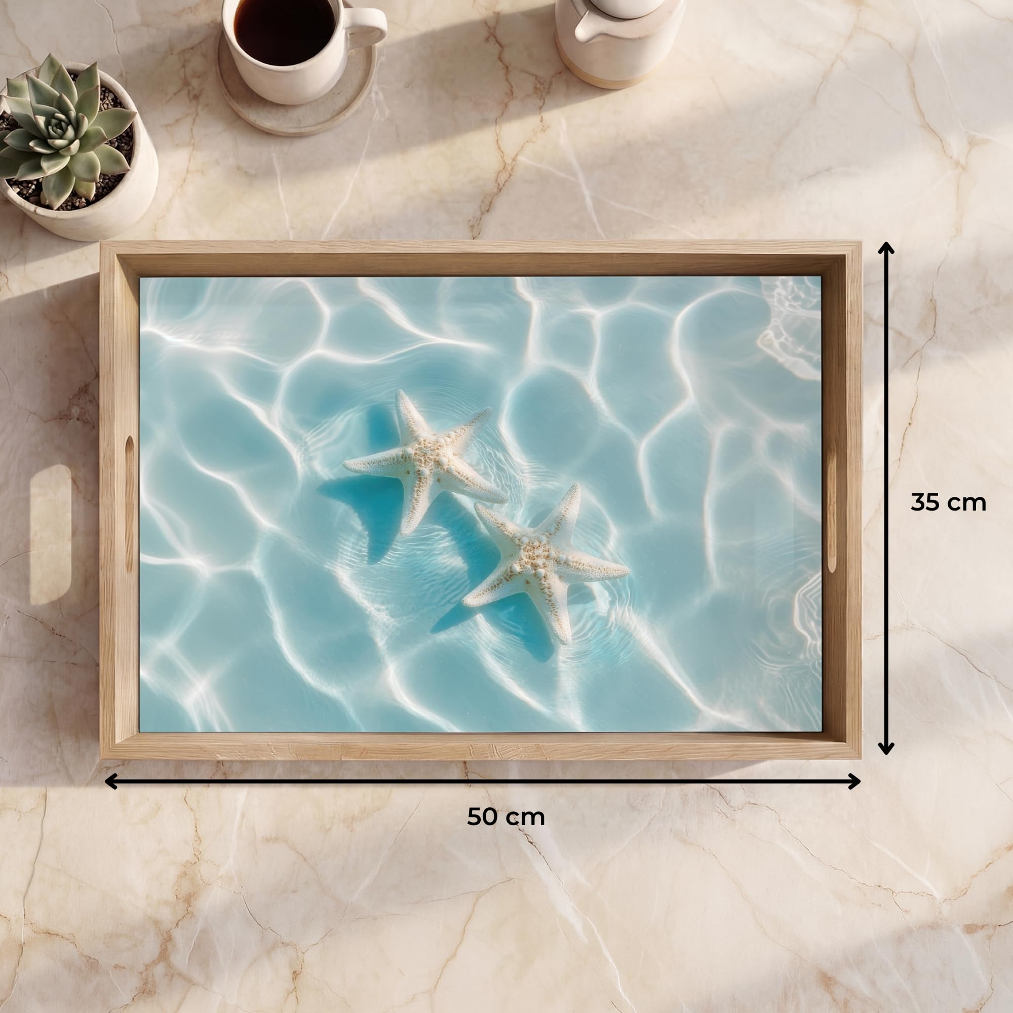 Serviertablett Rechteckig 50x35 cm Servierplatte Eiche Holz Tablett Mit Henkel Tray Kratzfest Kaffeetablett Tabletts Teetablett Seesterne - Gewelltes Wasser - Beruhigend