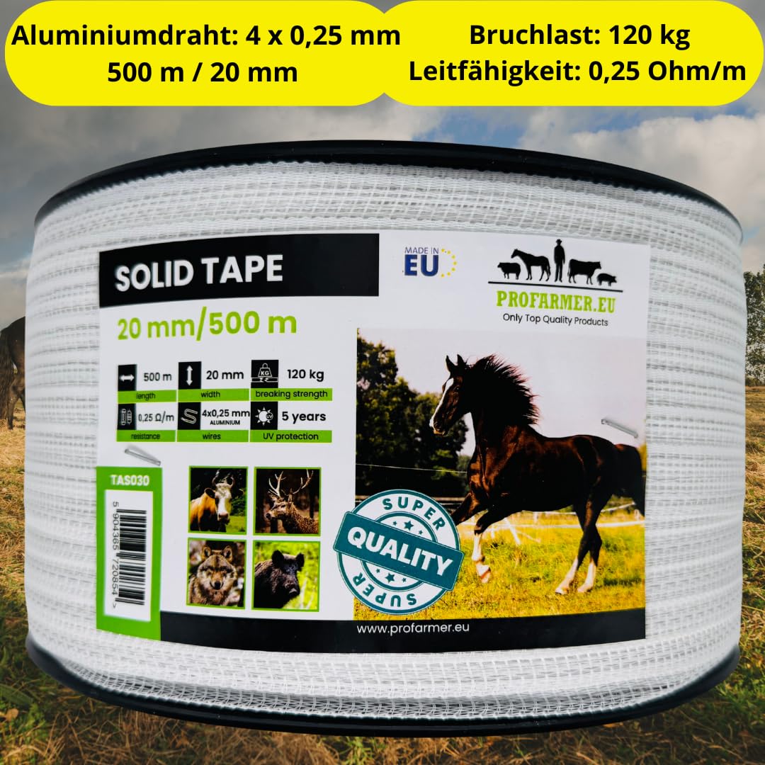 Taśma ogrodzeniowa 20 mm 500 m z drutami aluminiowymi 4 x 0,25 mm 0,25 omów/m