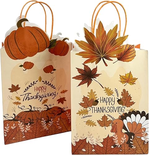 Bakepacker 32 bolsas de papel de regalo pequeñas con asas de 8.26 x 6 x 3.15 pulgadas, bolsas pequeñas de papel kraft de Acción de Gracias
