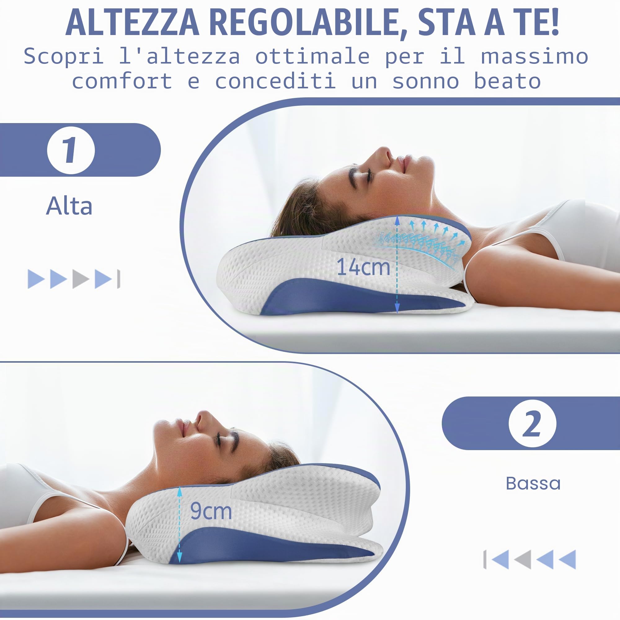 Novent Cuscino Cervicale per Dormire, 2 in 1 Cuscino Ergonomico in Memory Foam, Cuscino per Supporto Cervicale per Dolori al Collo e alla Schiena con Federa Rimovibile, 66.4x40.3x9/14 cm