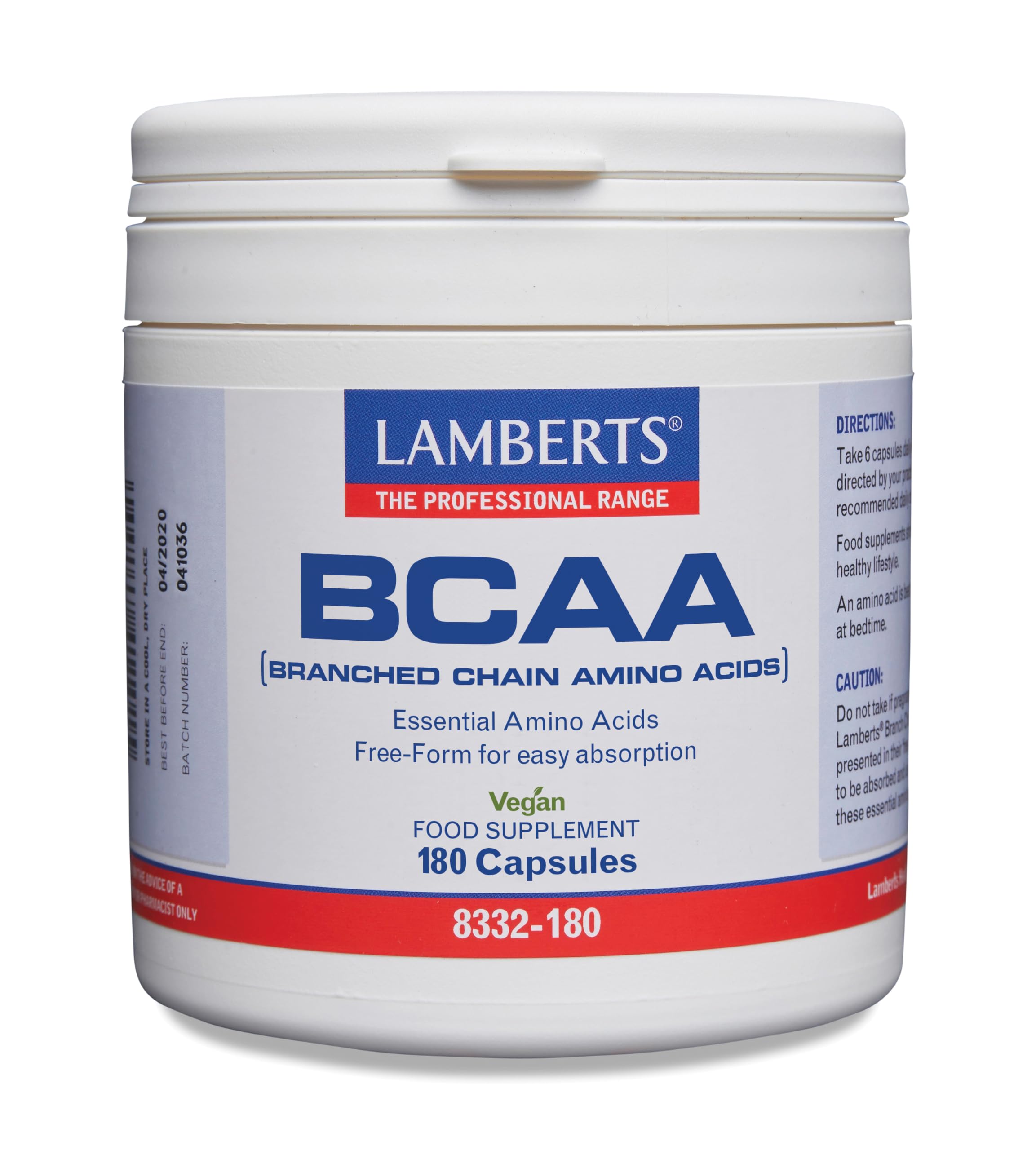 Lamberts BCAA Aminoácidos de Cadena Ramificada | L-Leucina, L-Isoleucina y L-Valina 2:1:1 | Aminoácidos Esenciales en Forma Libre | 180 Cápsulas | Calidad Farmacéutica GMP