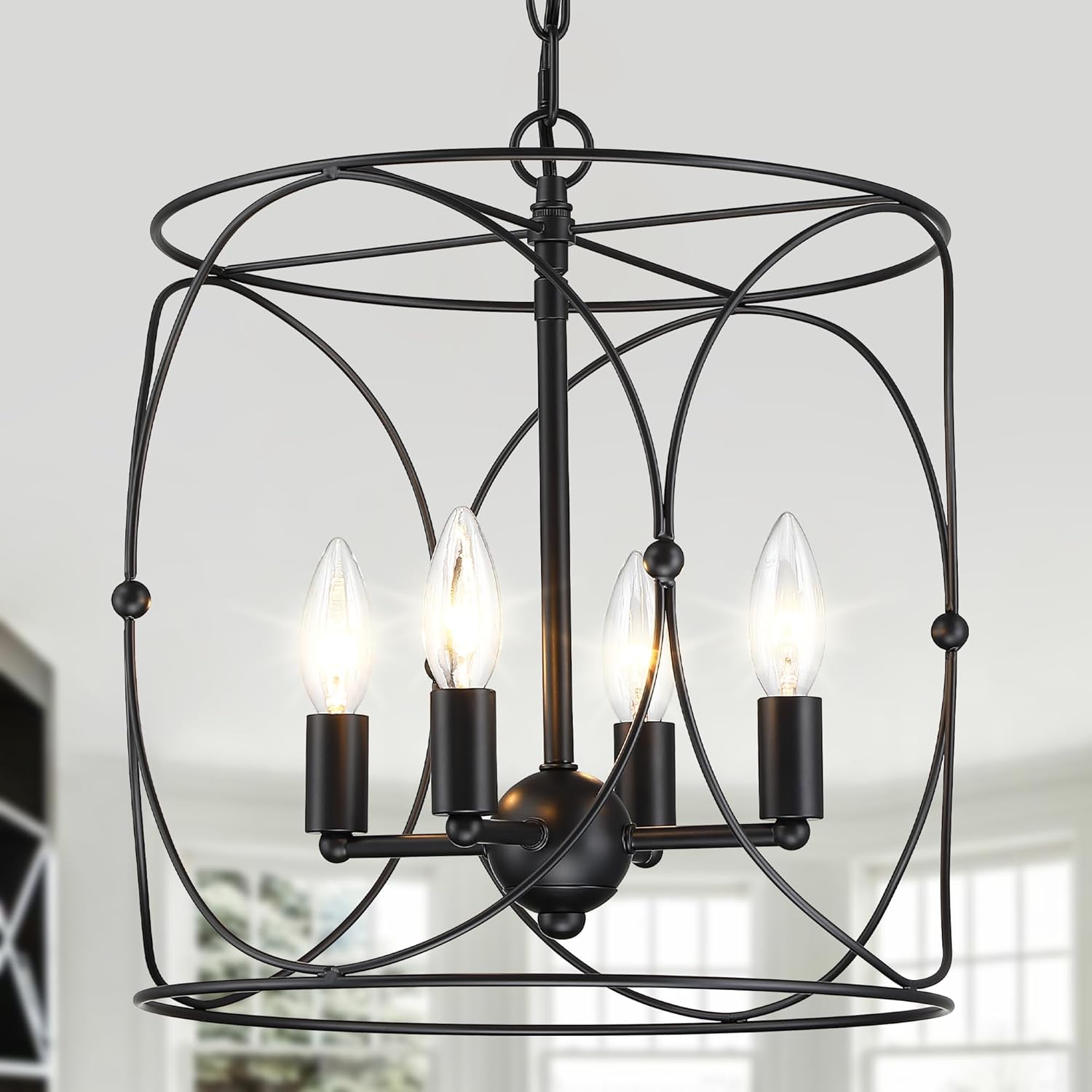 Untrammelife 4-Light Chandelier, Modern Farmhouse Pendant Lights Kitchen Island, Adjustable Height Caged Ceiling Light Fixture, 13.4" Dia Hanging Chandeliers for Dining Room, Living Room, Hallway