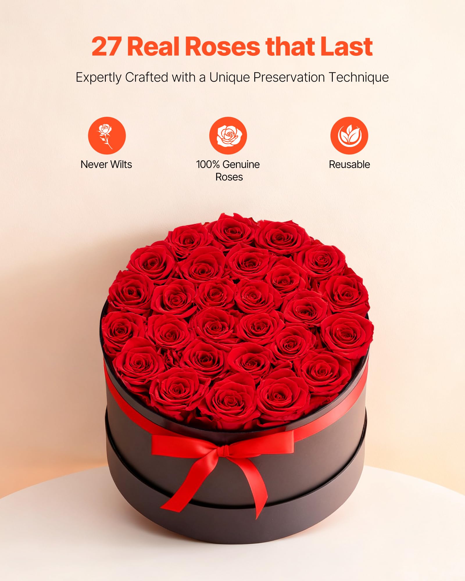 VEVOR Forever Flowers, 27 zakonserwowanych róż w pudełku, wieczne kwiaty nieśmiertelny bukiet prezent urodzinowy na dostawę Prime kobiety jej żona matki, rocznica, walentynki, Boże Narodzenie