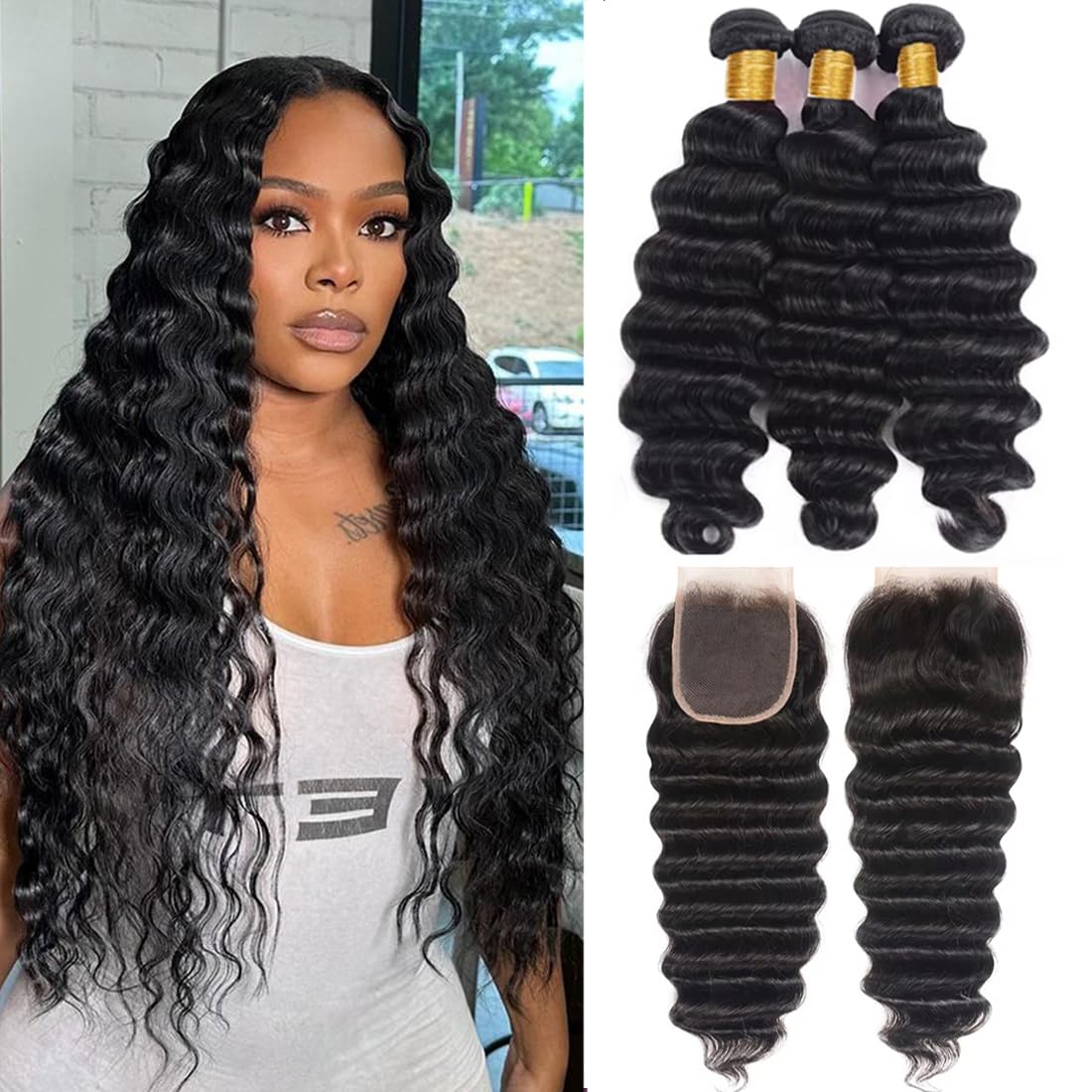 Taziza Loose Deep Wave Bundles with Closure(16 18 20+14 Inch,Free Part) Human Hair Pre Plucked with Baby Hair 12A Loose Wave Bundles and Closure