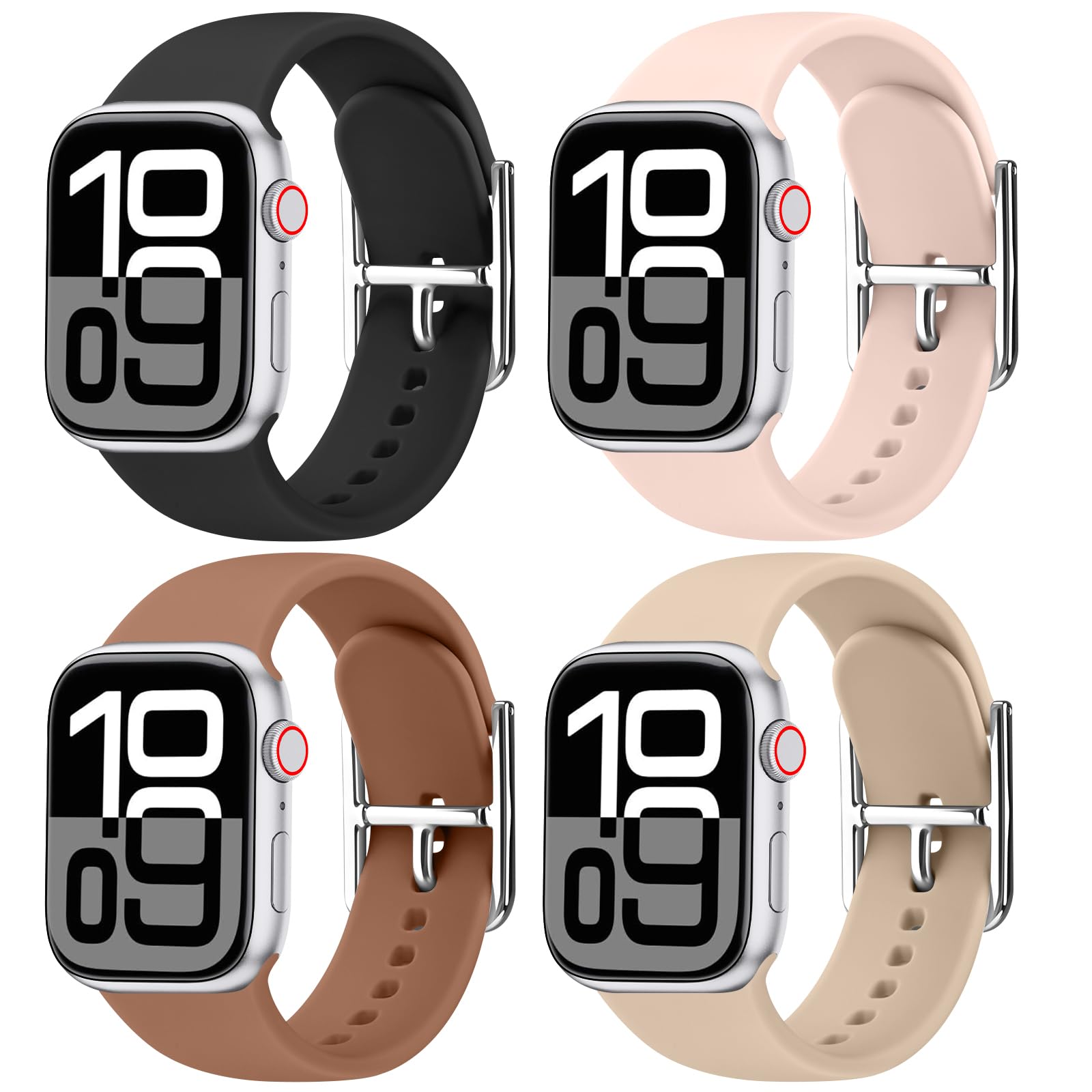 【4 PACK】 Straps for Apple Watch Strap 38mm 40mm 41mm 42mm 44mm 45mm 46mm 49mm, Silicone Sport Band for iWatch Series 10 9 8 7 6 5 4 3 2 1 SE, Women Men (4-PACK 05,44/45/46/49/42mm(Series 3 2 1))